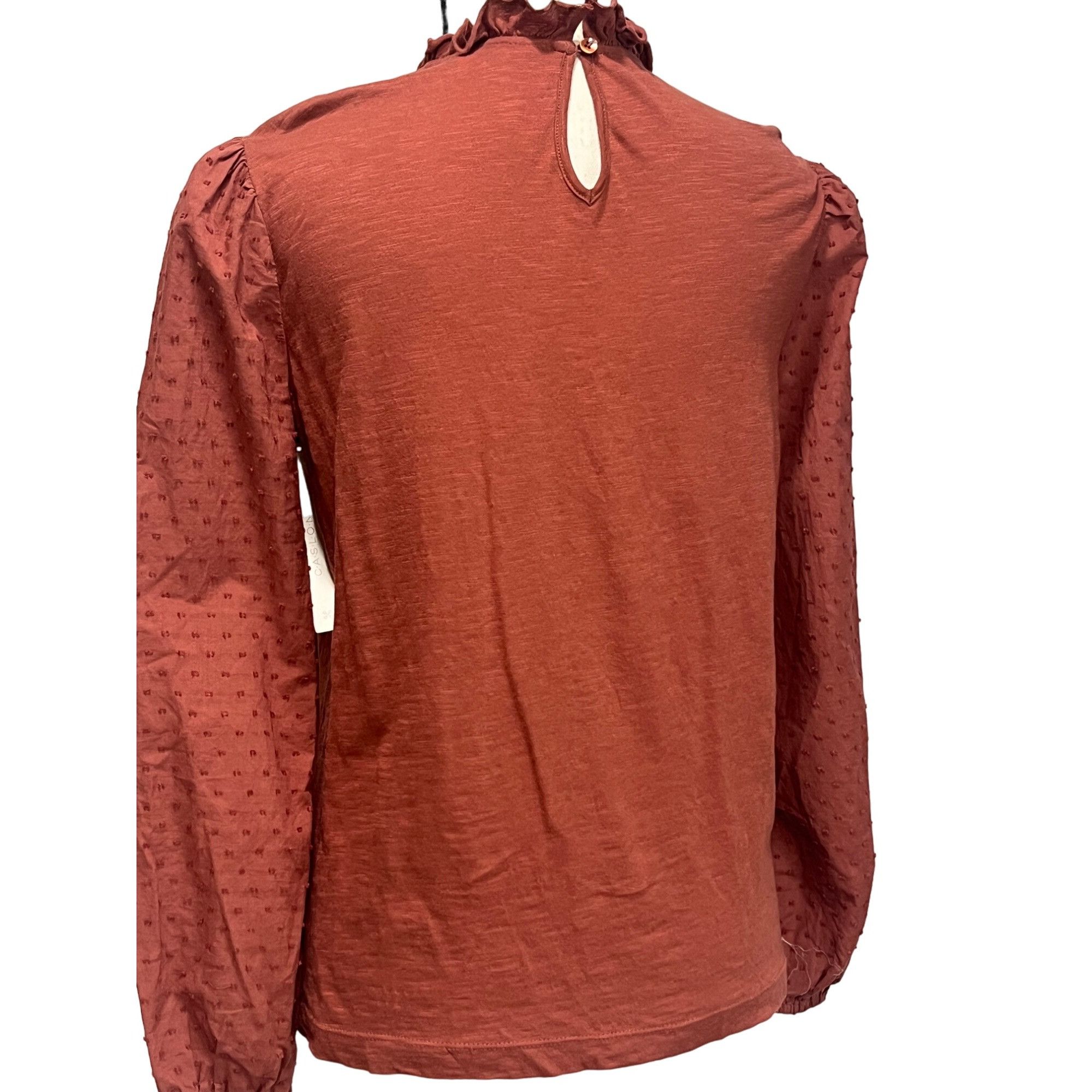 Other Caslon Pintuck Lace Detail Long Sleeve Cotton Blouse, Brown Size XS / US 0-2 / IT 36-38 - 3 Thumbnail