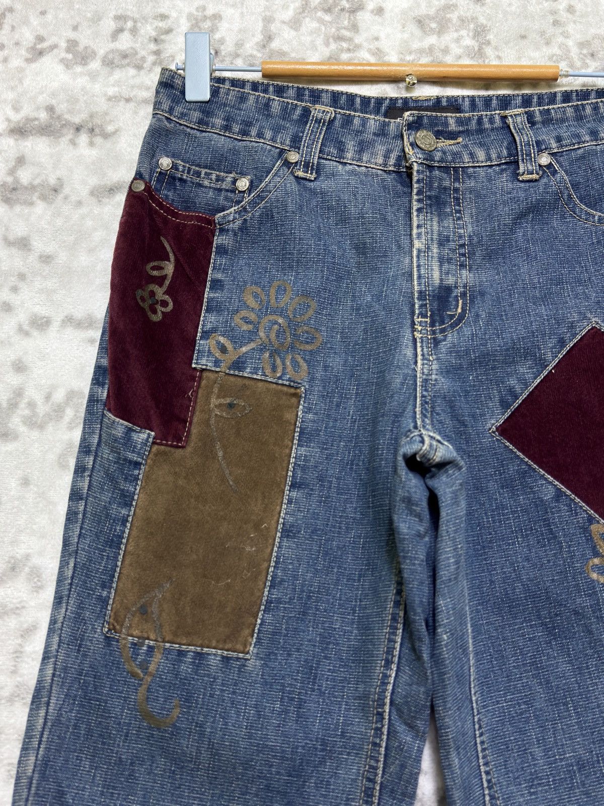 Hysteric Glamour No Boundaries Y2K Patchwork Velvet Bootcut Flare Denim Jeans Size US 27 - 4 Thumbnail
