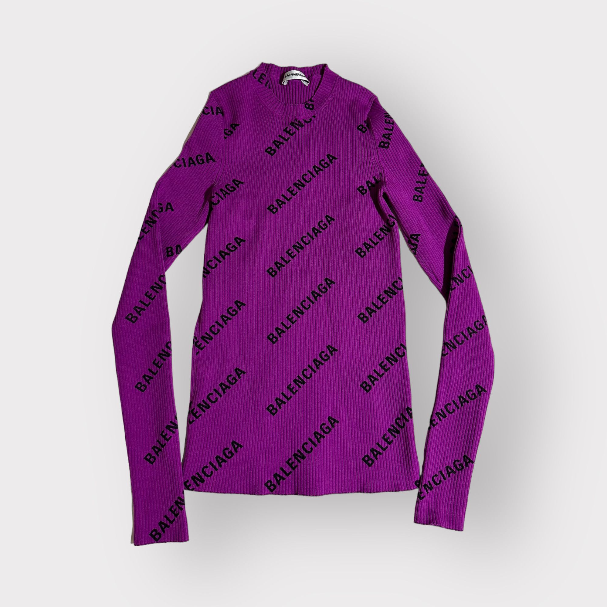 image of Balenciaga Top Long Sleeve Purple And Black Allover Logo, Women's (Size Small)