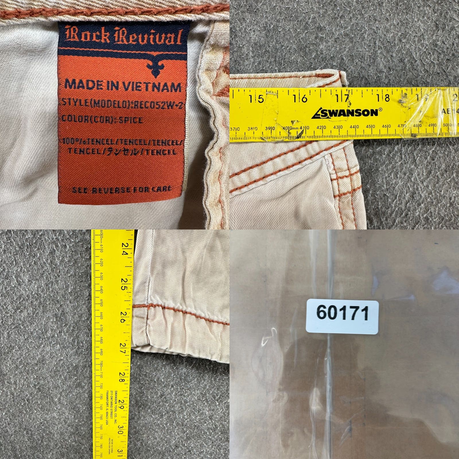 Vintage Rock Revival Pants Mens 30x27 Beige Cargo Straight Leg Regular Fit Thick Stitch Cotton Canvas Size US 30 / EU 46 - 9 Thumbnail