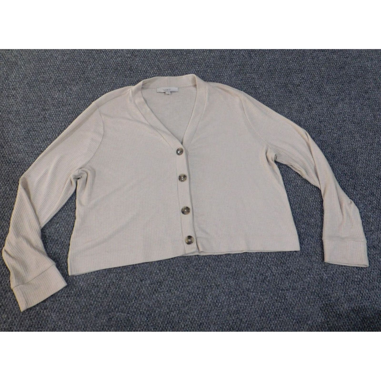 Loft LOFT Cardigan Sweater XL Beige Knit Rib Knit V-Neck Button Womens Stretch Regular Size XL / US 12-14 / IT 48-50 - 5 Thumbnail