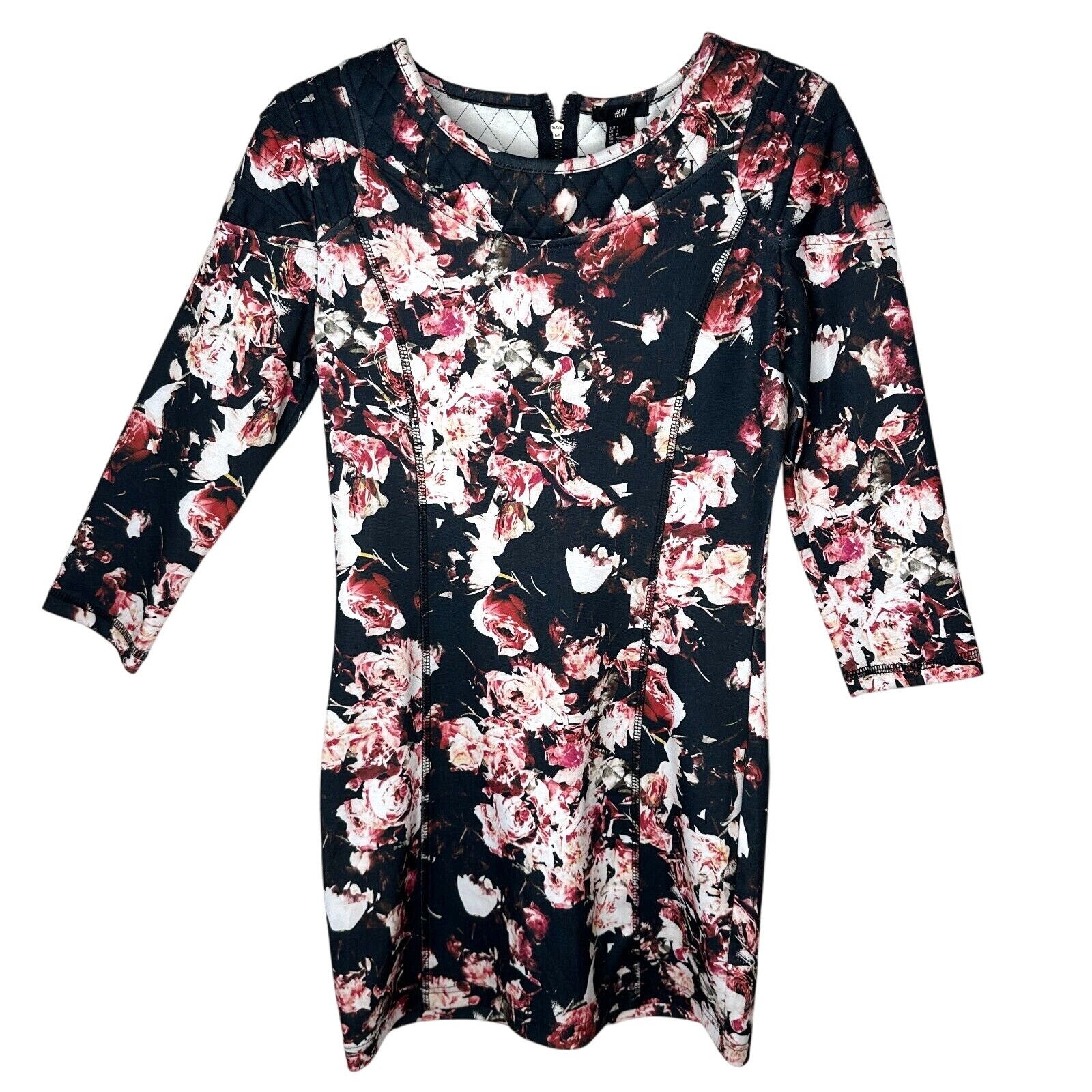 H&M H&M Black Floral 3/4 Sleeve Dress Quilted At Shoulders Zip S Size S / US 4 / IT 40 - 1 Thumbnail