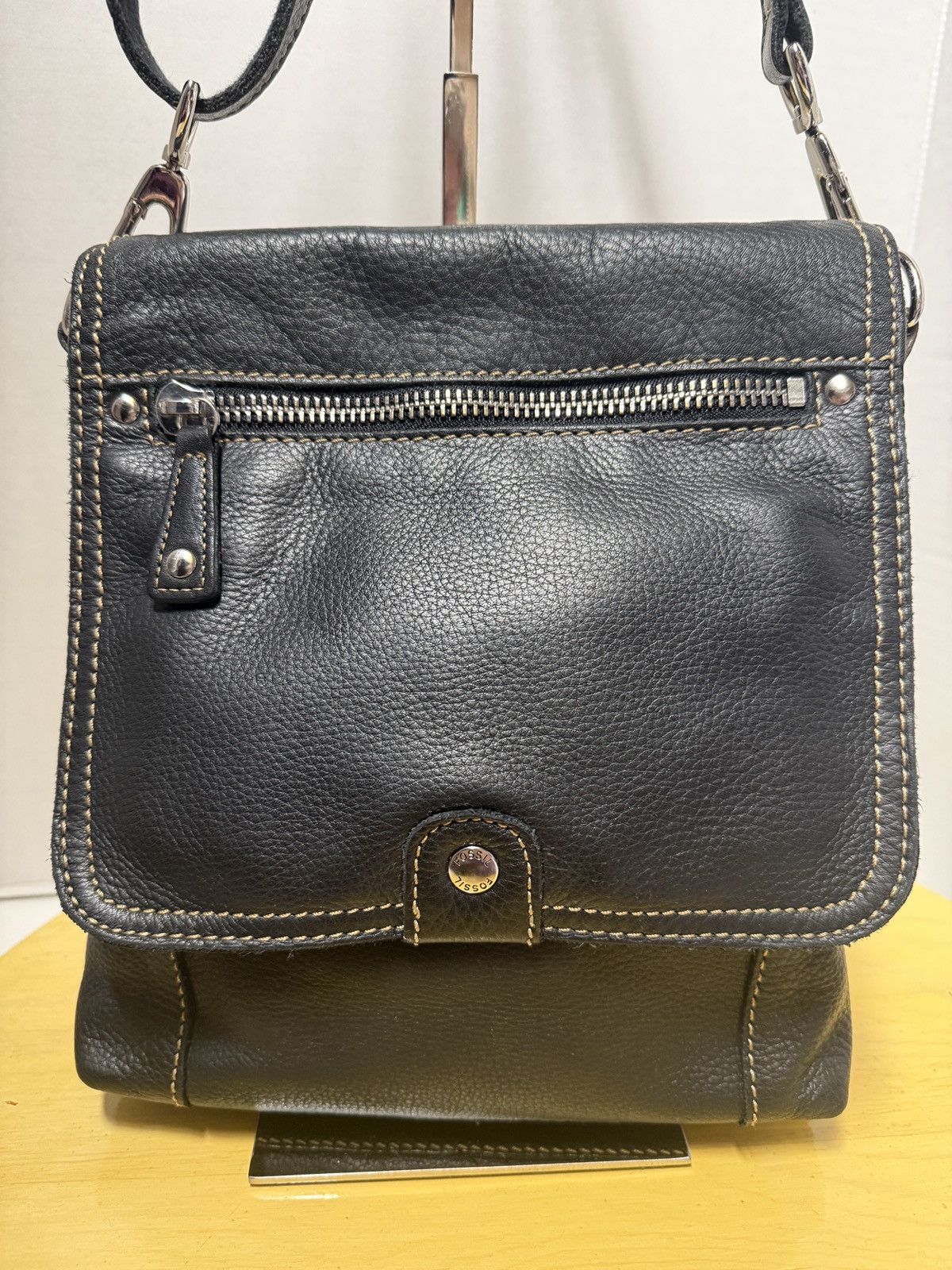 Fossil Black Pebbled Leather Cross Bag Flap Messenger Purse, Women's