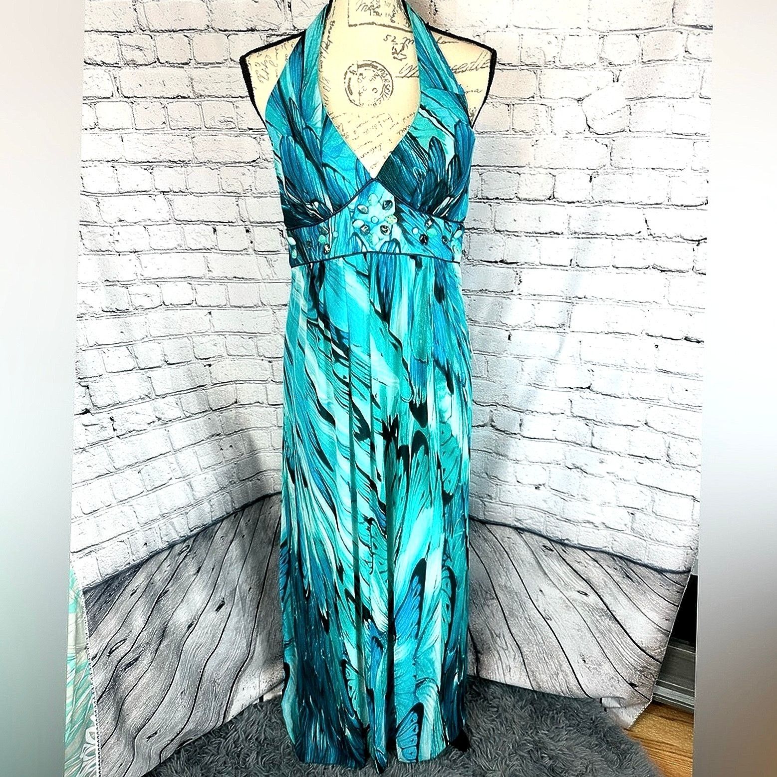 Other Bisou Bisou Halter Top Teal Blue Waterfall Gown - Size 14 Size XL / US 12-14 / IT 48-50 - 4 Thumbnail