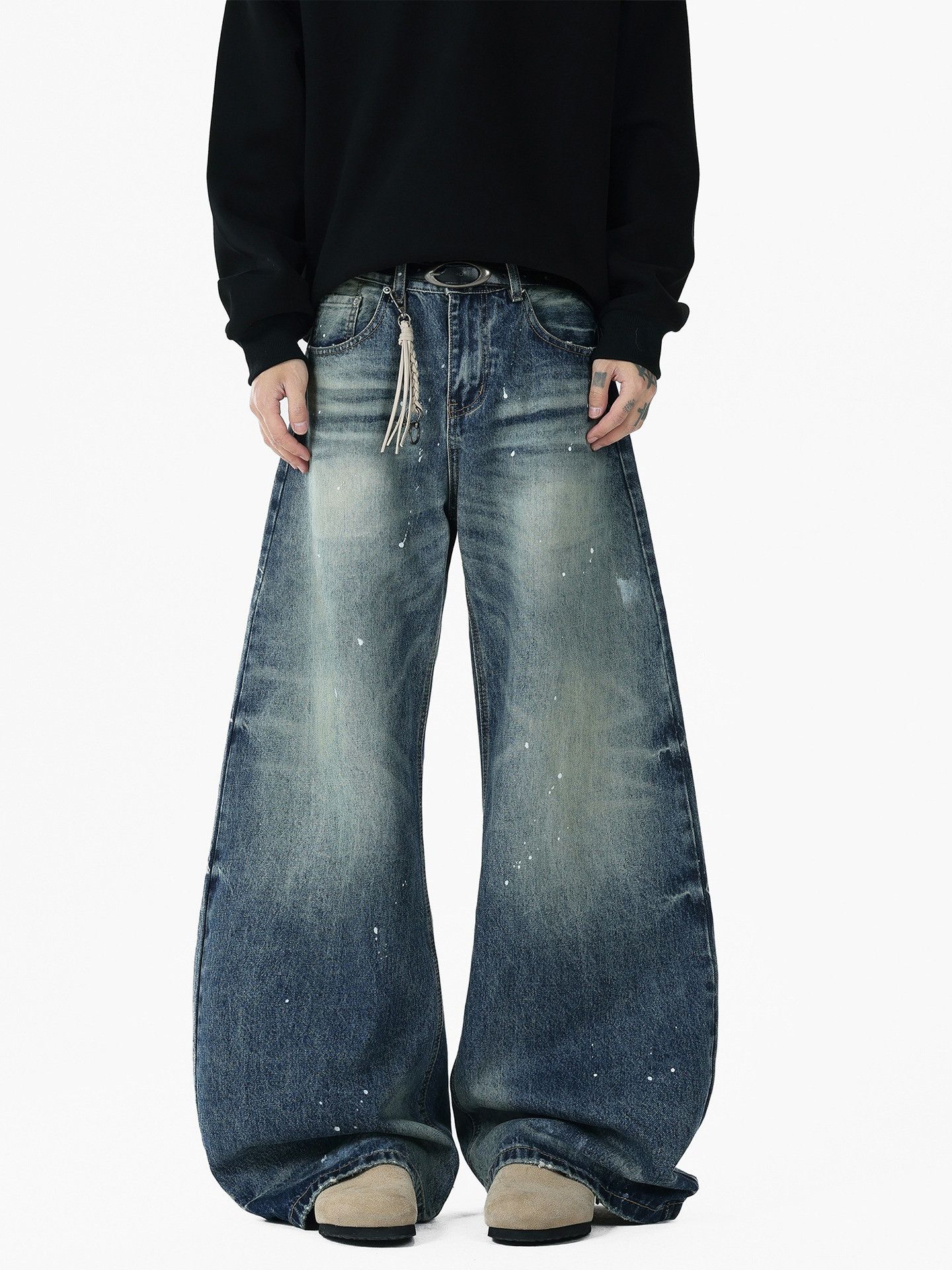 Vintage Retro washed distressed splatter ink curved jeans for men Size US 32 / EU 48 - 2 Thumbnail