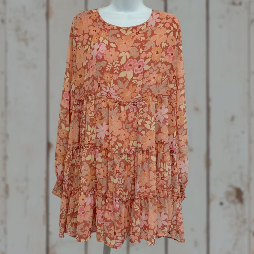 Vintage Peach Love California Dress Women L Peach Floral Long Sleeve Mini Lined Ballon Sleeve Blouson Party/Cocktail Wedding Sundress Short Size L / US 10 / IT 46 - 1 Thumbnail
