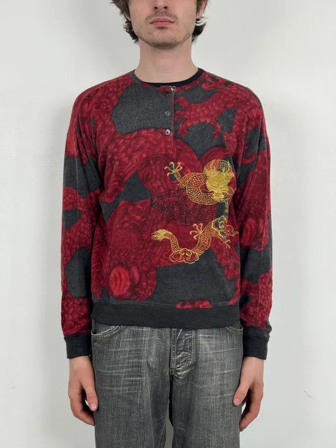 Gianfranco Ferre 2000s Gianfranco Ferre Dragon Red Black Henley Longsleeves Size US S / EU 44-46 / 1 - 2 Thumbnail