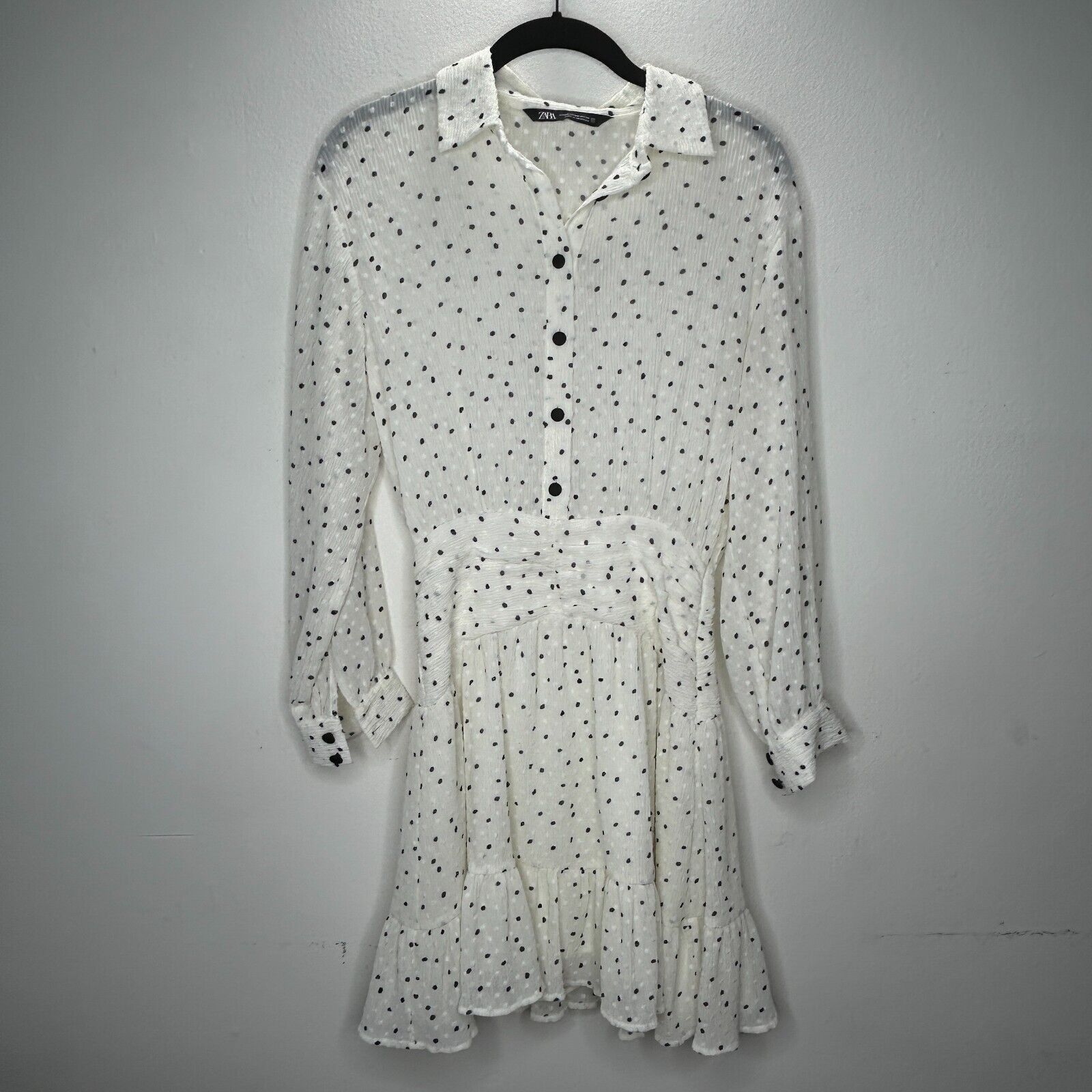 Zara Zara Dotted Swiss Long Sleeve 1/2 Button Ruffle Hem Dress Size XS / US 0-2 / IT 36-38 - 1 Thumbnail