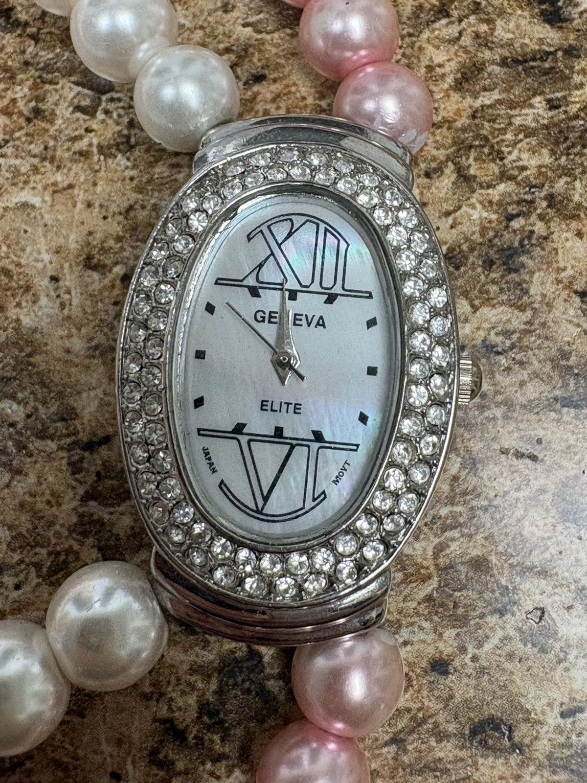 Geneva White Dial Silver Tone Oval Case Pink Faux Pearl Band Watch Size ONE SIZE - 1 Thumbnail