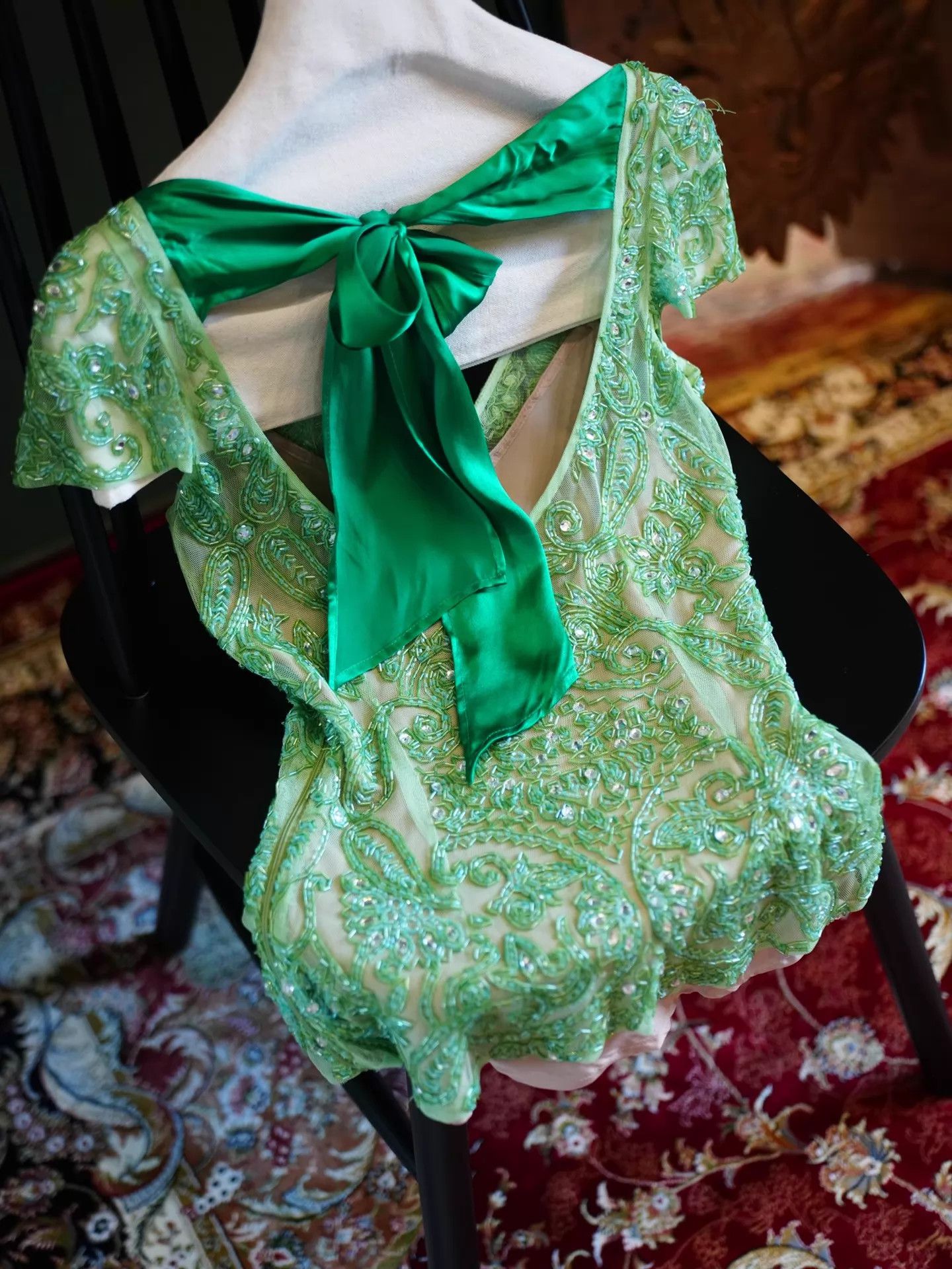 Other Vintage USA Green Silk Organza Hand Beaded Top & Skirt Set Size M / US 6-8 / IT 42-44 - 3 Thumbnail