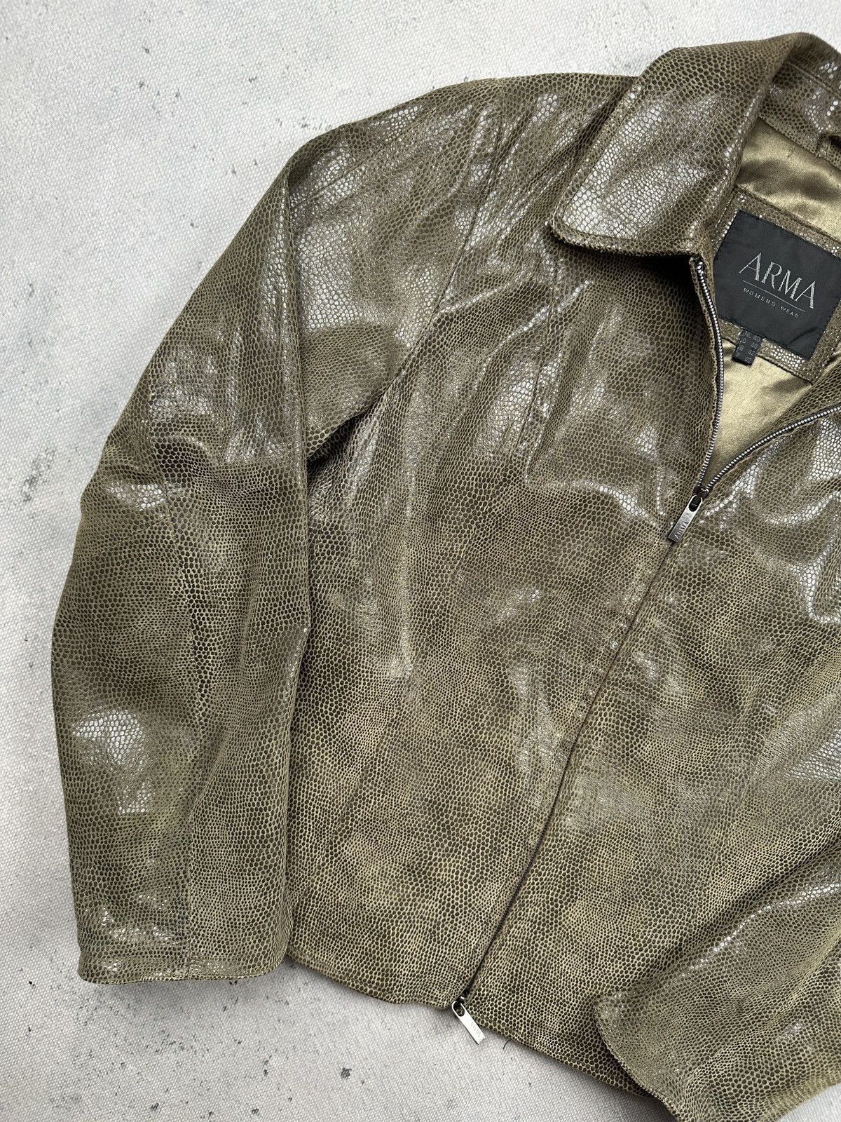 ARMA Arma Womens Croc Embossed Leather Jacket Olive Green Zip 90s Size M / US 6-8 / IT 42-44 - 3 Thumbnail