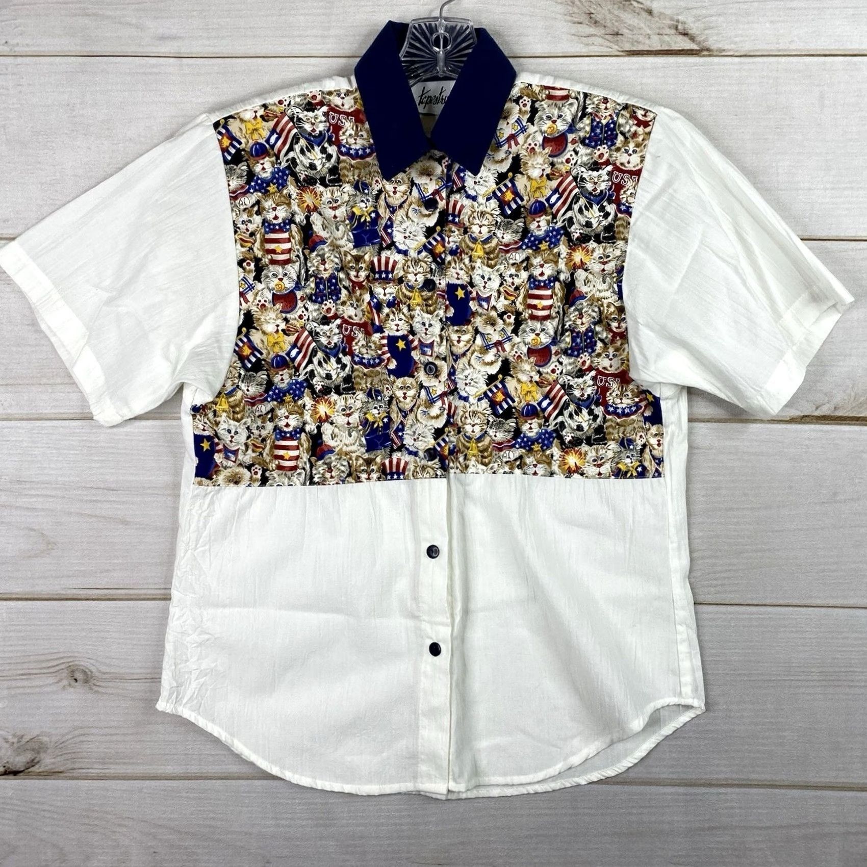 Vintage VINTAGE Starfire Cotton Blend Shirt Womens S Button Up Cats USA Flags Short Sleeve Shoulder Pads Size S / US 4 / IT 40 - 2 Thumbnail