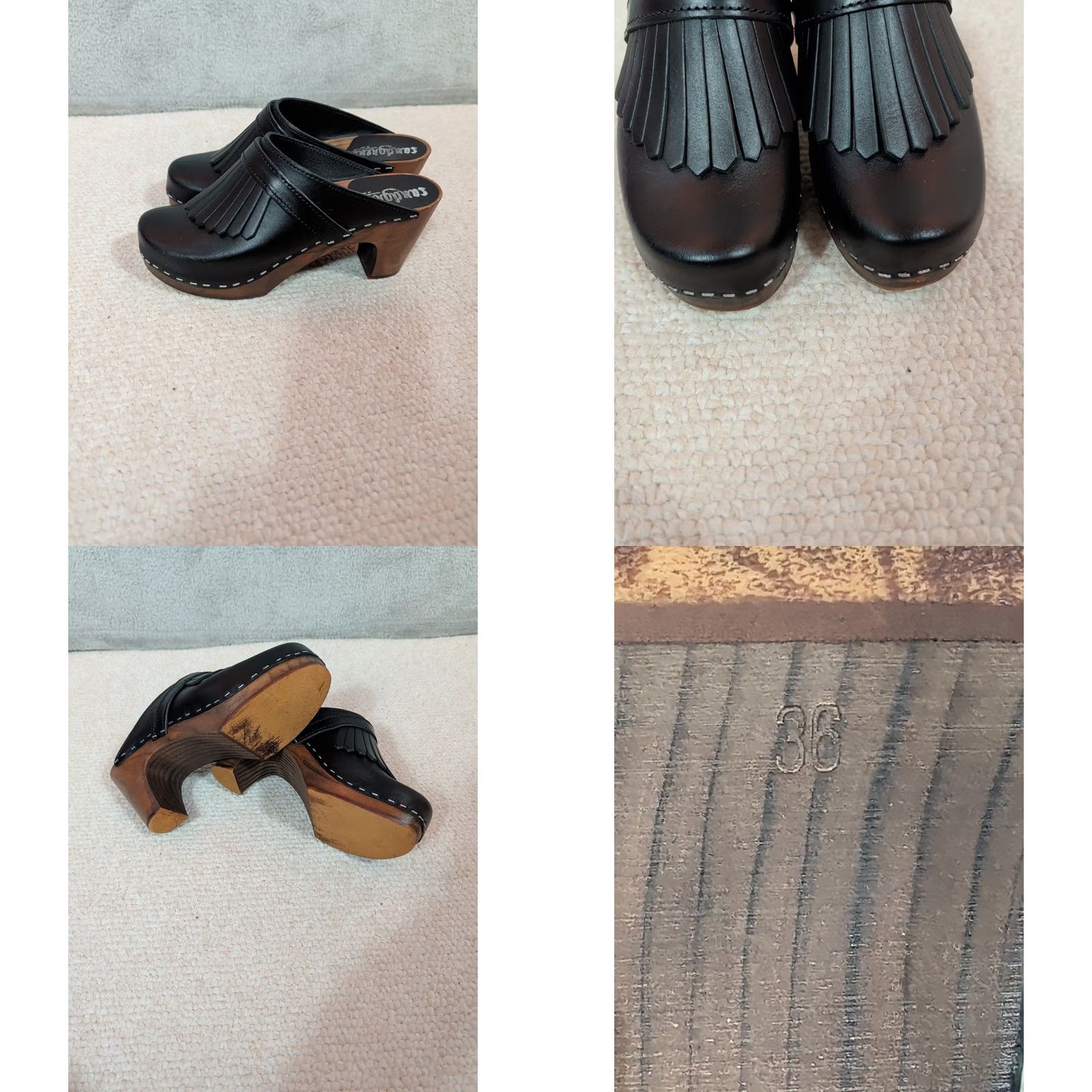 Vintage SANDGRENS Venice Clogs Mules Fringe Leather Black Wood Mid Heel Womens US 6 EU 36 Boho Casual Walking Handmade Shoes Slip On Contour Round Toe Size ONE SIZE - 8 Thumbnail