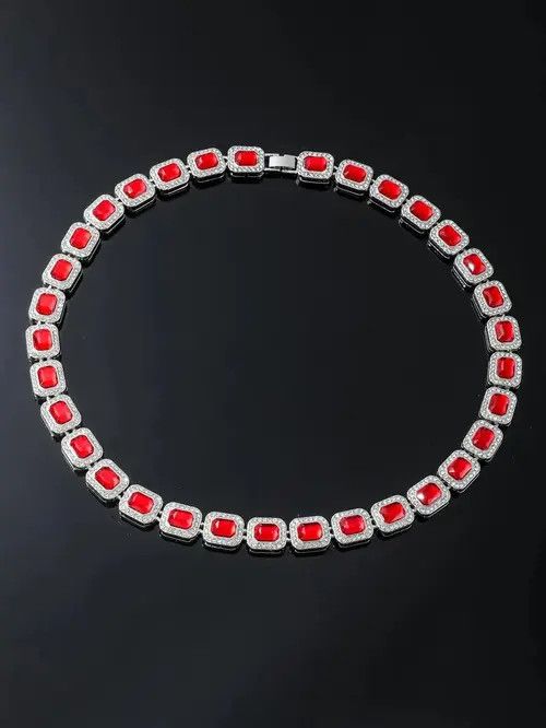 Jewelry × Vintage Retro Punk Rhinestone Ruby Necklace Chain Square Size ONE SIZE - 1 Thumbnail