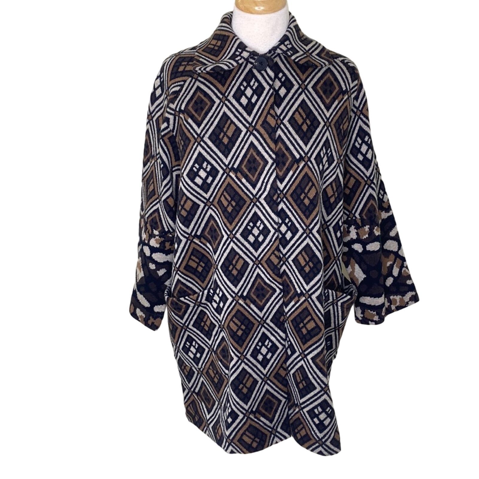 Anthropologie Field Flower Geo Wool Sweater Coat Black Brown