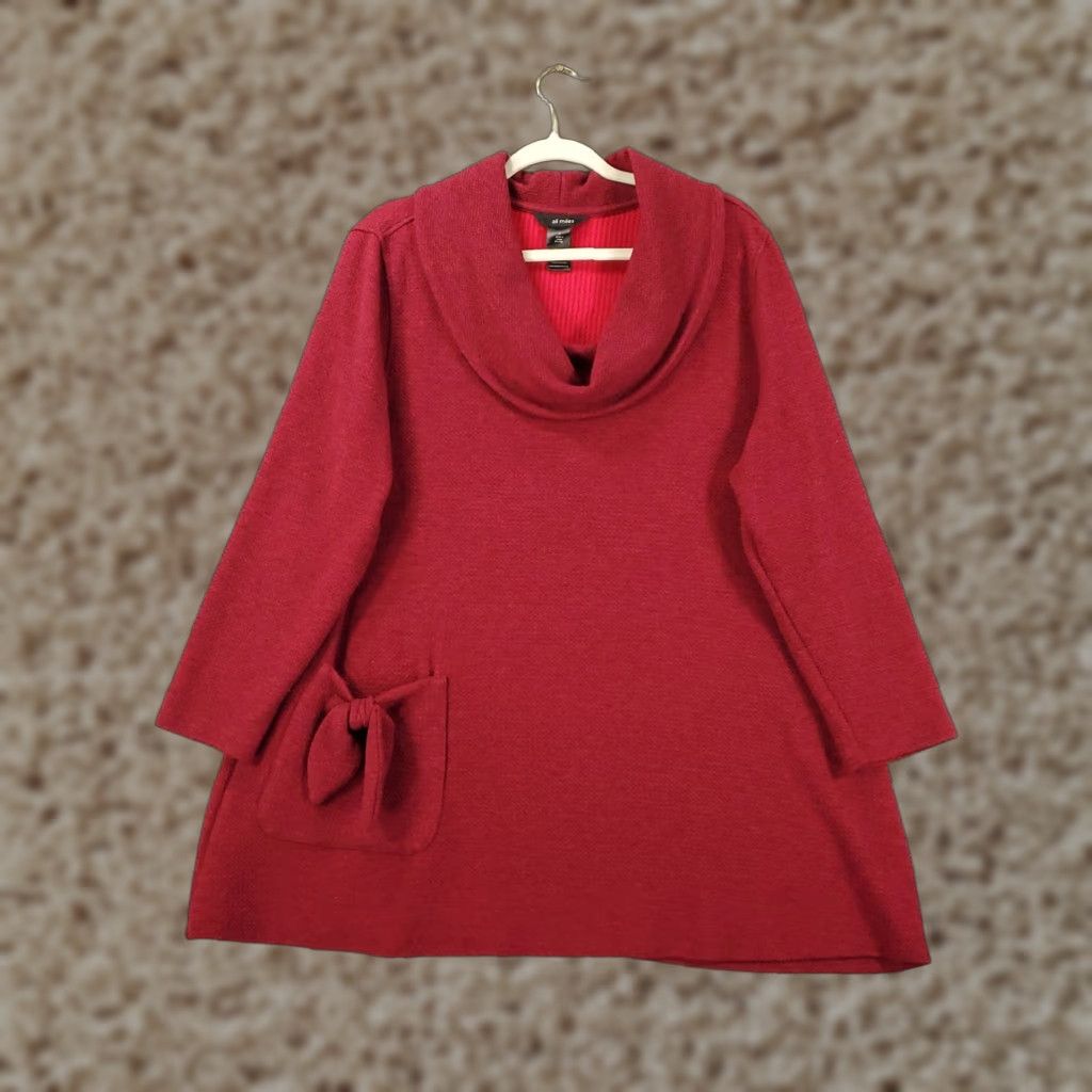 Vintage Ali Miles Sweater Womens Large Red Knit Pocket Cowl Neck Stretchy Tunic Top Size L / US 10 / IT 46 - 1 Thumbnail