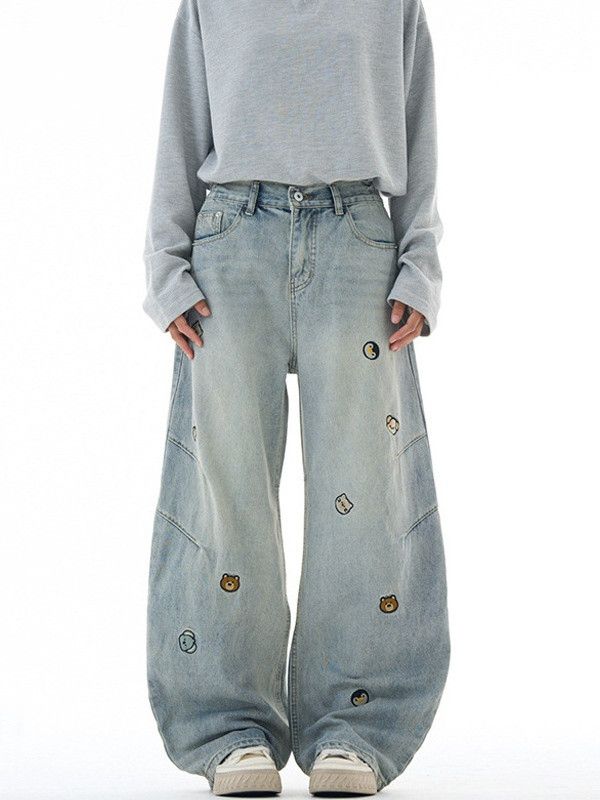 Japanese Brand Men's American Retro Washed Cartoon Bear Embroidered Jeans Size US 32 / EU 48 - 1 Thumbnail