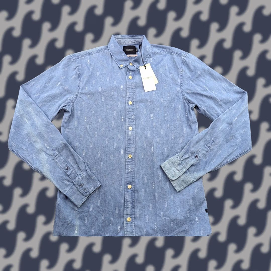 Scotch & Soda Scotch & Soda Button-Down Shirt Mens Denim Blue Long Sleeve Cotton Canvas Geometric Pattern Casual S Size US S / EU 44-46 / 1 - 1 Thumbnail