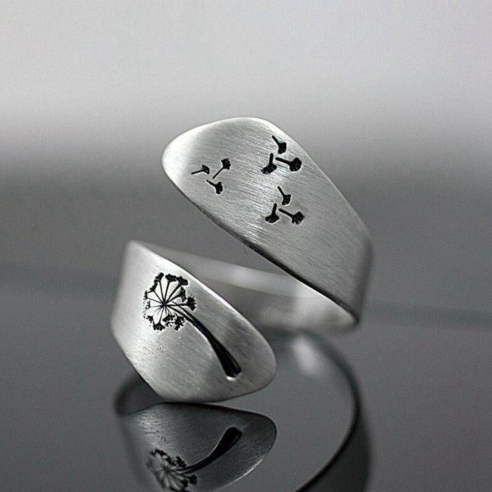 Designer Silver Carved Engraving Dandelion Open Ring Size ONE SIZE - 1 Thumbnail