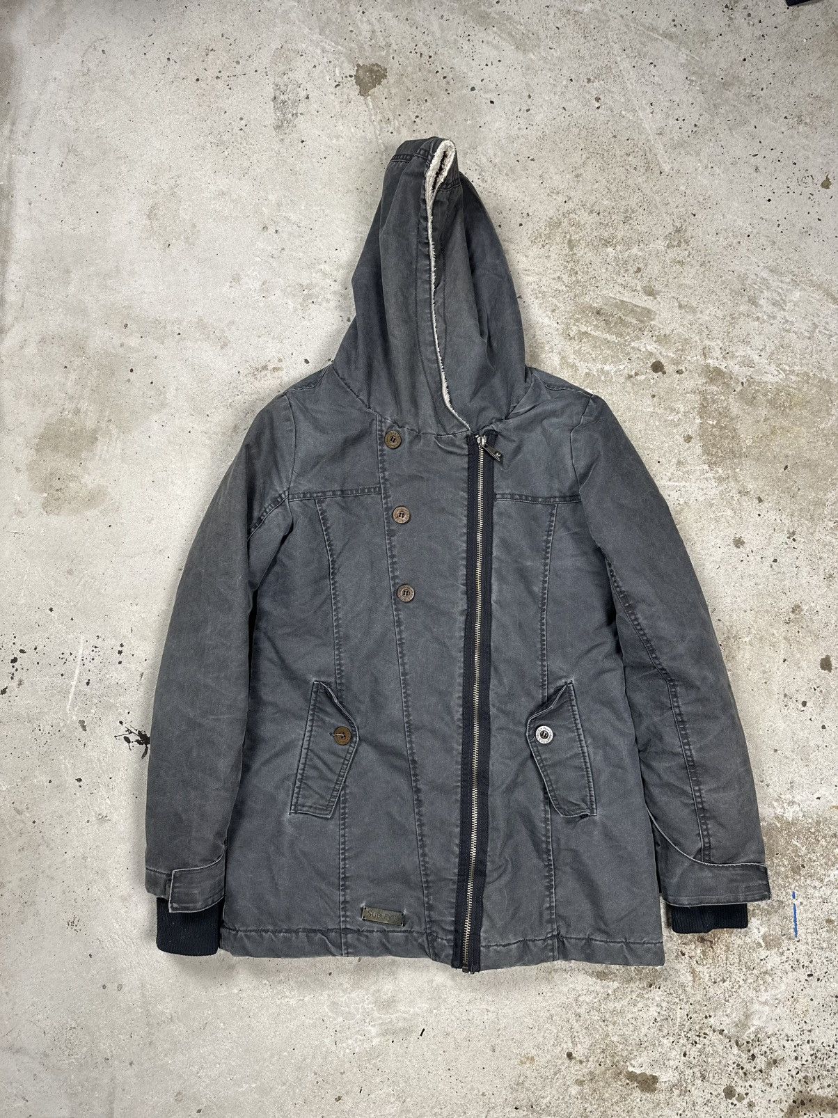 If Six Was Nine × Japanese Brand × Le Grande Bleu (L.G.B.) Vintage Y2K Washed Grey Asymmetrical Zip Hooded Jacket Size US S / EU 44-46 / 1 - 1 Thumbnail