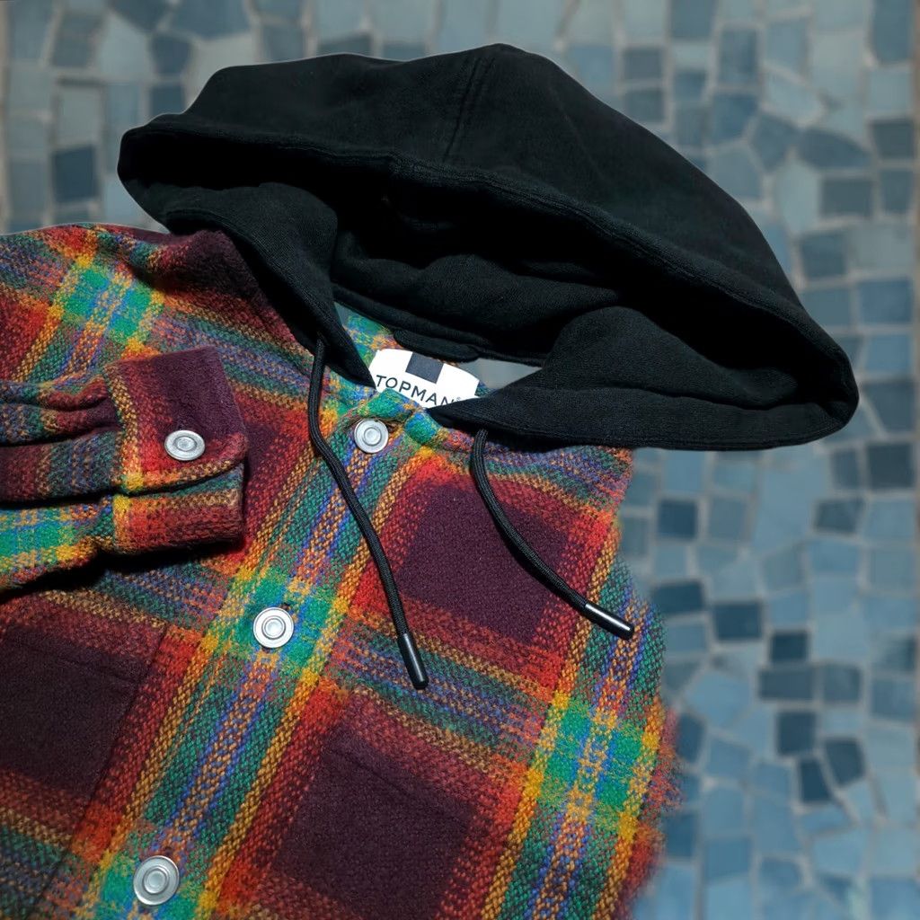 Topman Topman Thick Flannel Hooded Button Up Jacket Shacket Mens Small Multicolor Plaid Pattern Size US S / EU 44-46 / 1 - 1 Thumbnail
