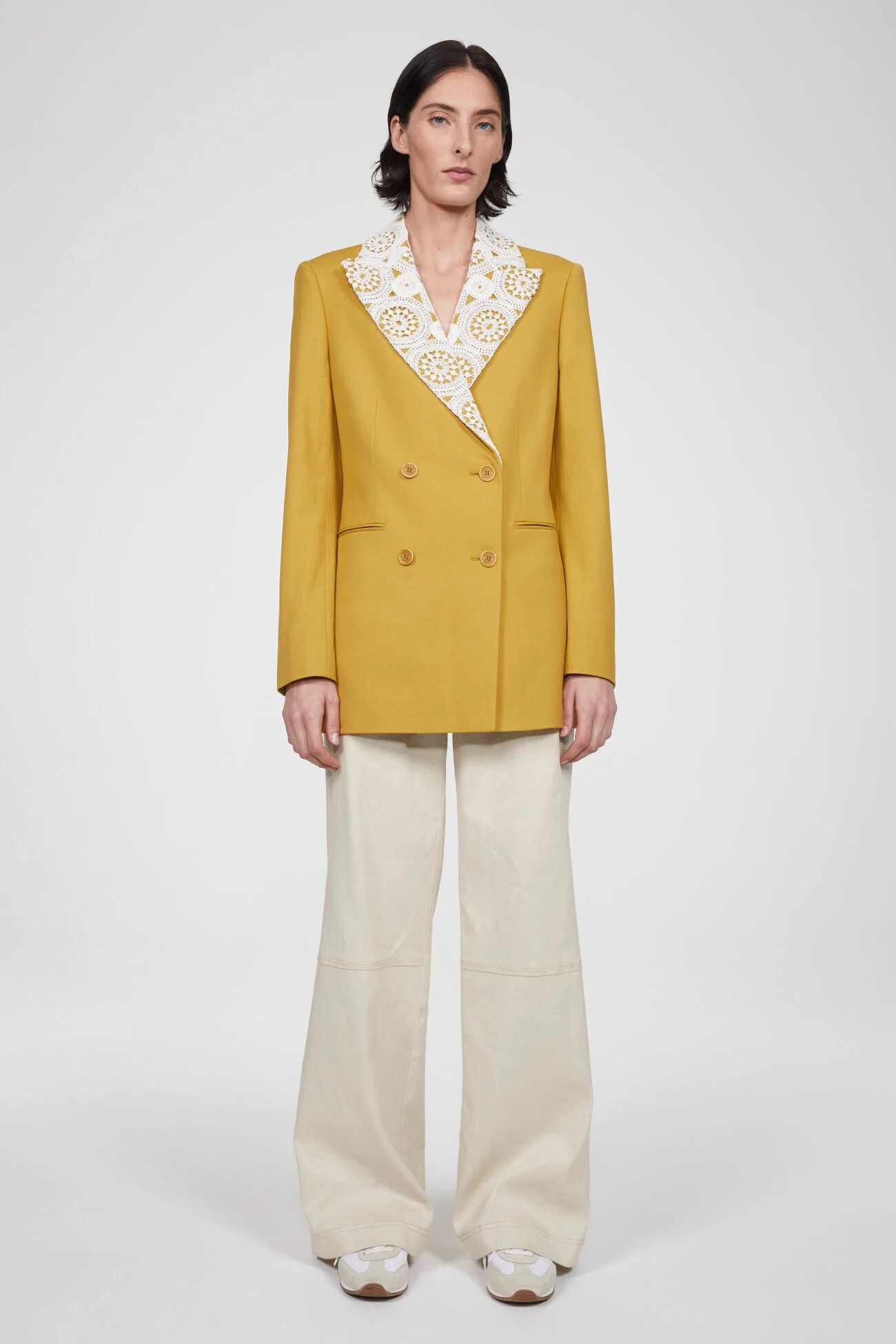 Image of Rodebjer Cromo Crochet Blazer Blazer in Yellow, Women's (Size Small)