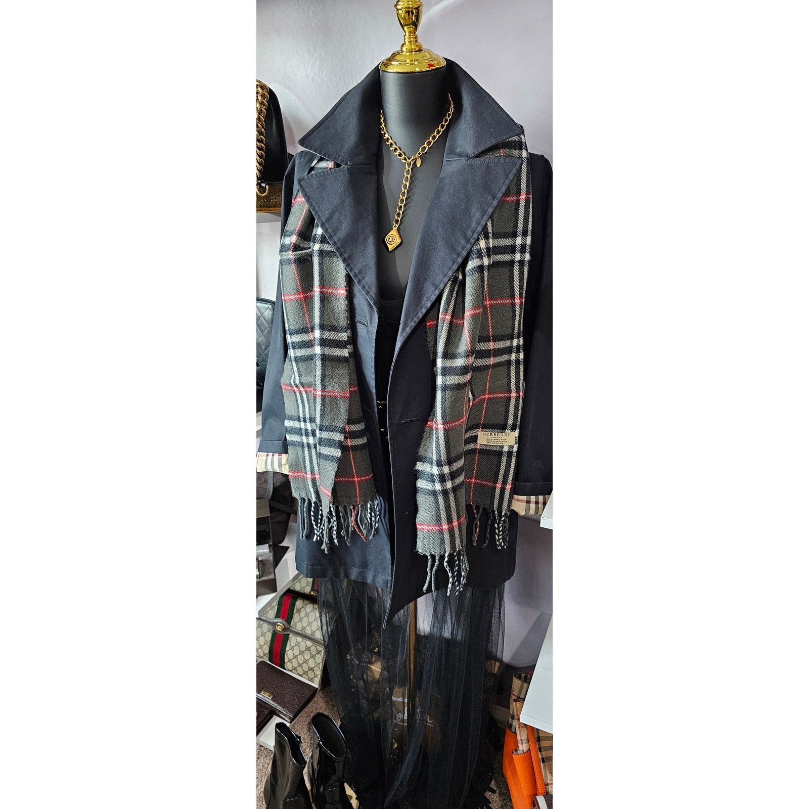 Burberry BURBERRY London 100% Lambswool Gray Scarf Nova Check (3) Size ONE SIZE - 2 Thumbnail