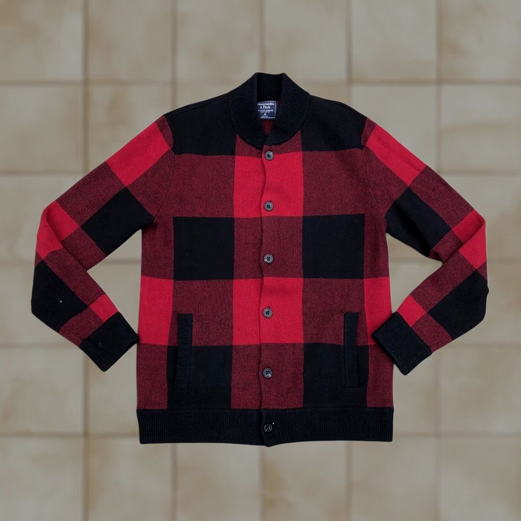 Abercrombie & Fitch ABERCROMBIE & FITCH Lumberjacket Jacket Men MED Red Black Merino Wool Nylon Cardigan Crewneck - Mens Size US M / EU 48-50 / 2 - 1 Thumbnail