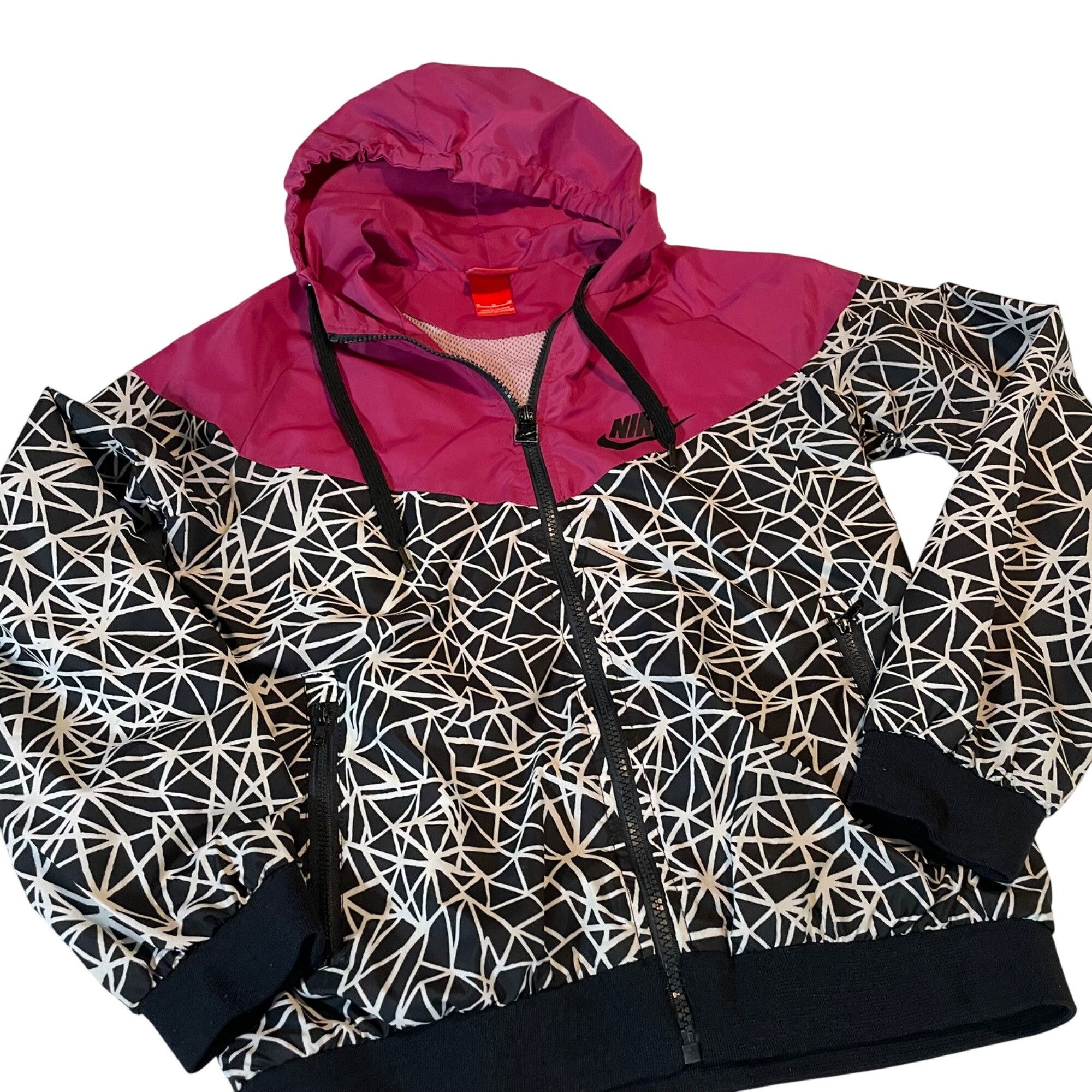 Nike Nike Womens Hooded Windbreaker Jacket Black & Pink Geometric Size M / US 6-8 / IT 42-44 - 1 Thumbnail