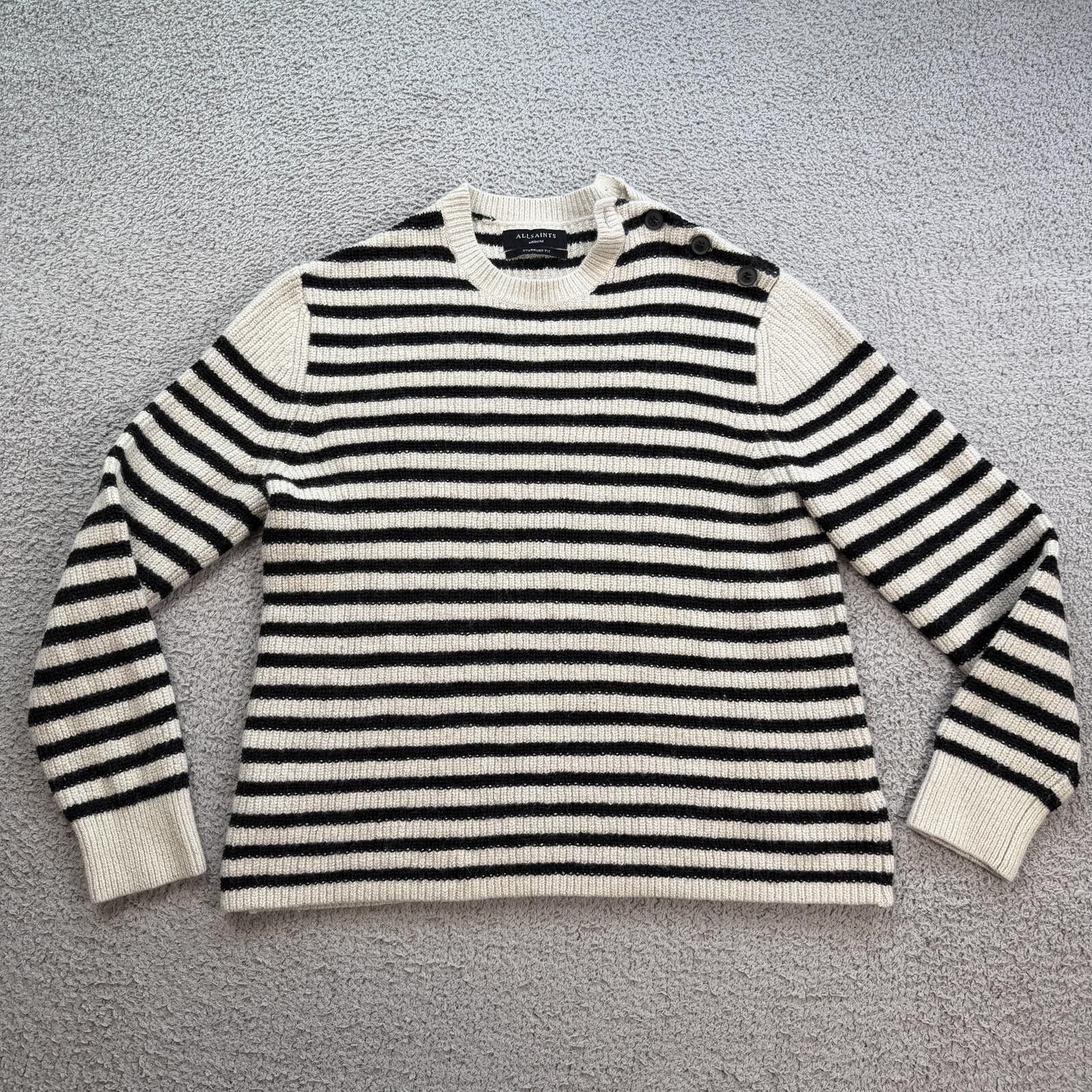 Allsaints ALLSAINTS Black Cream Striped Wool Blend Crewneck Sweater M Size US M / EU 48-50 / 2 - 1 Thumbnail