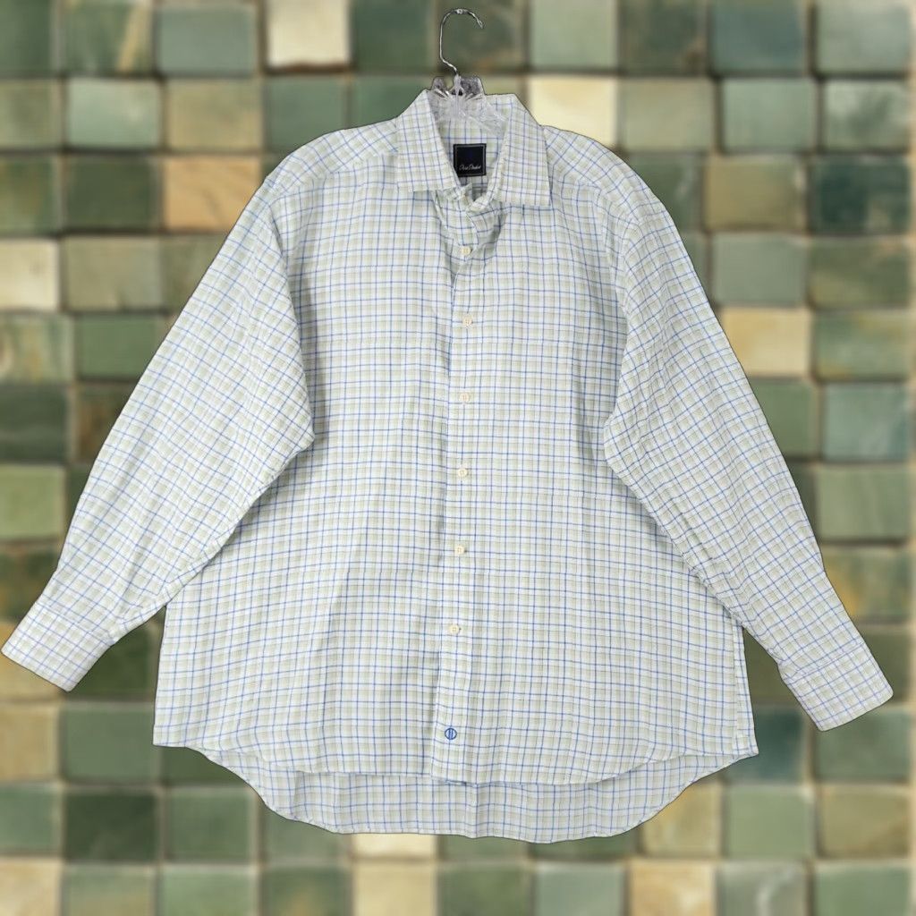 David Donahue VINTAGE David Donahue Mens Dress Shirt Long Sleeve Regular Size 17.5 Green Cotton Plaid Size 46R - 1 Thumbnail