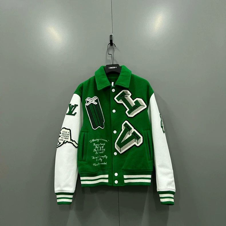 Louis Vuitton White and green embroidered logo baseball jac