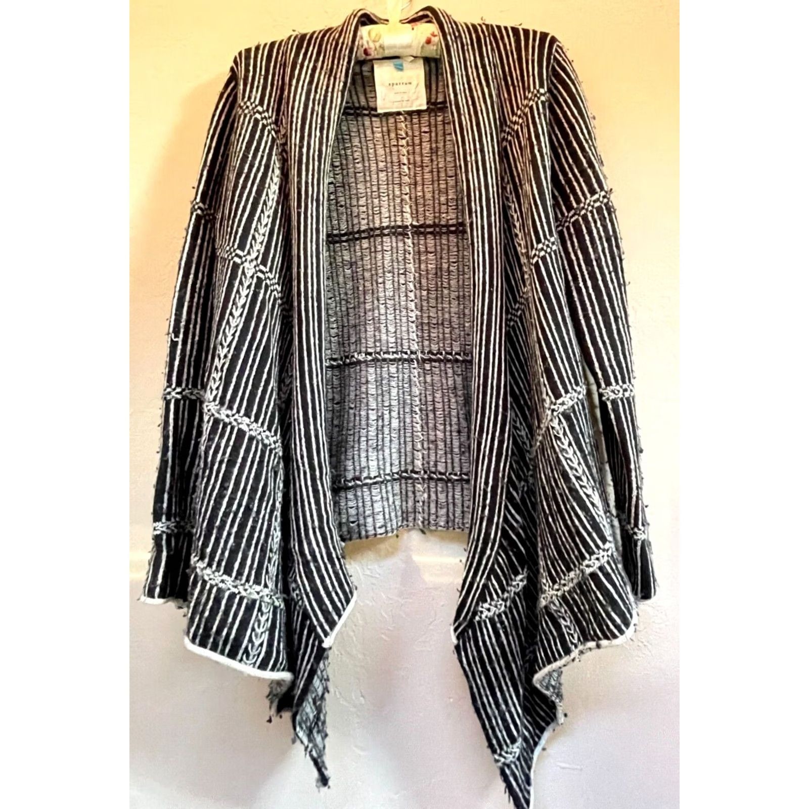 Arrow Sparrow Women Striped Lambswool Draped Open Front Cardigan Large Black Knit Sweater User-friendly Casual Fall Winter Size L / US 10 / IT 46 - 2 Thumbnail
