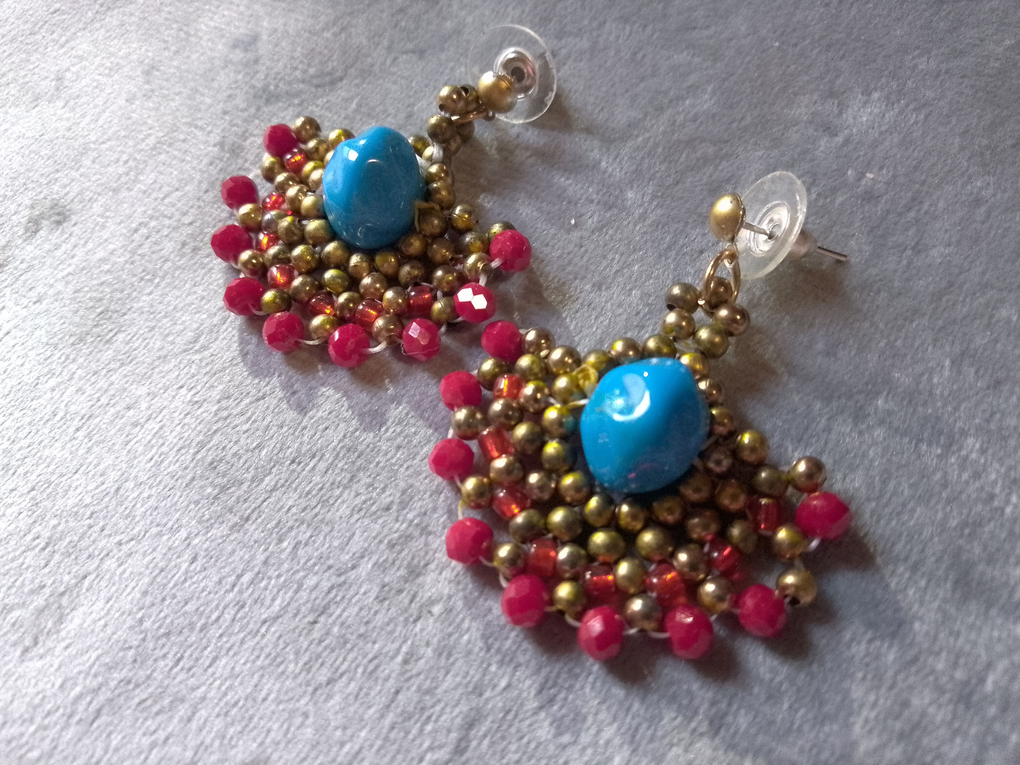 Handmade Necklace Earrings Vintage. Red crystals Blue resin. Pendant Size ONE SIZE - 3 Thumbnail