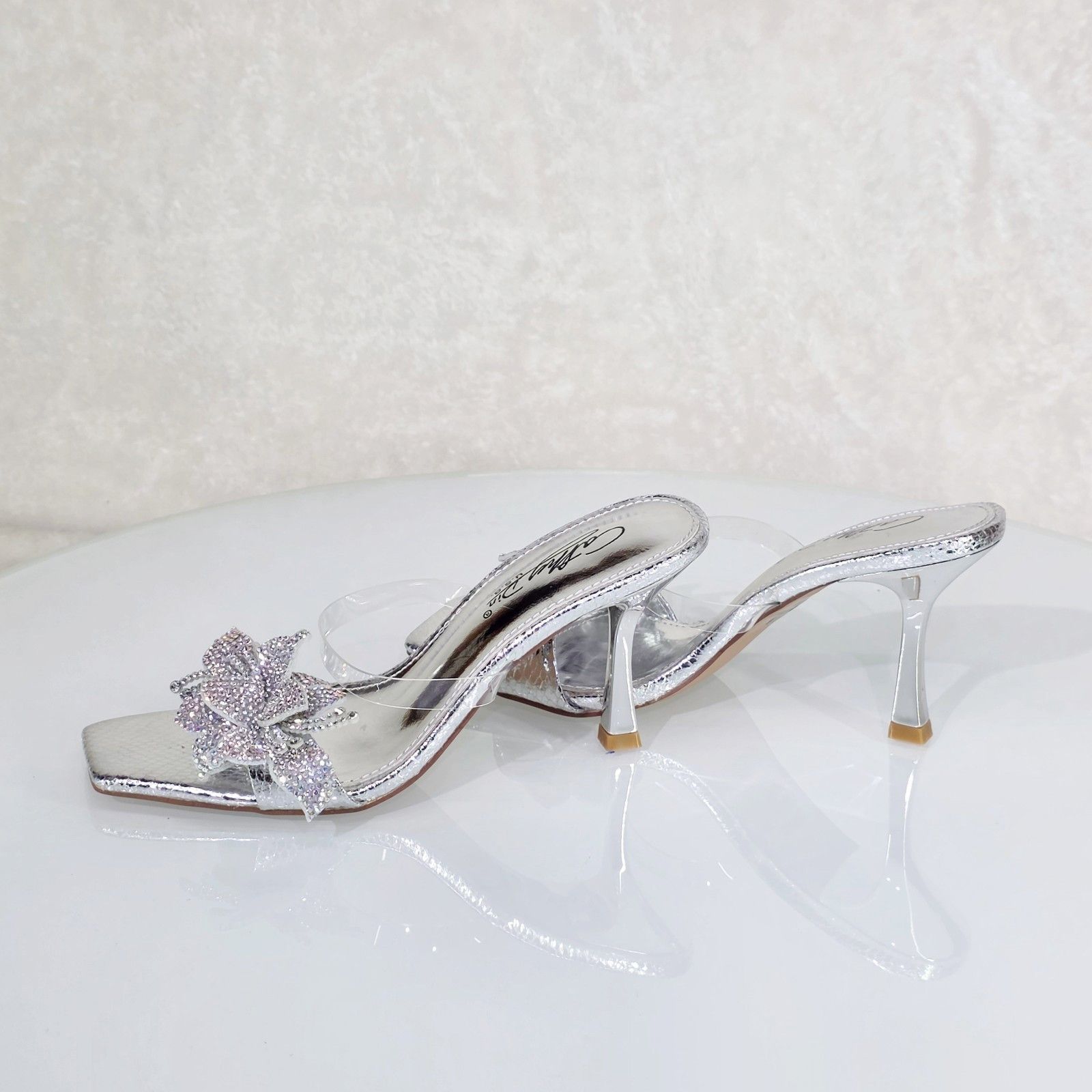 Other Lily Rhinestone Flower Silver Slip On 3.25" Heel Casual Even Size US 6 / IT 36 - 1 Thumbnail
