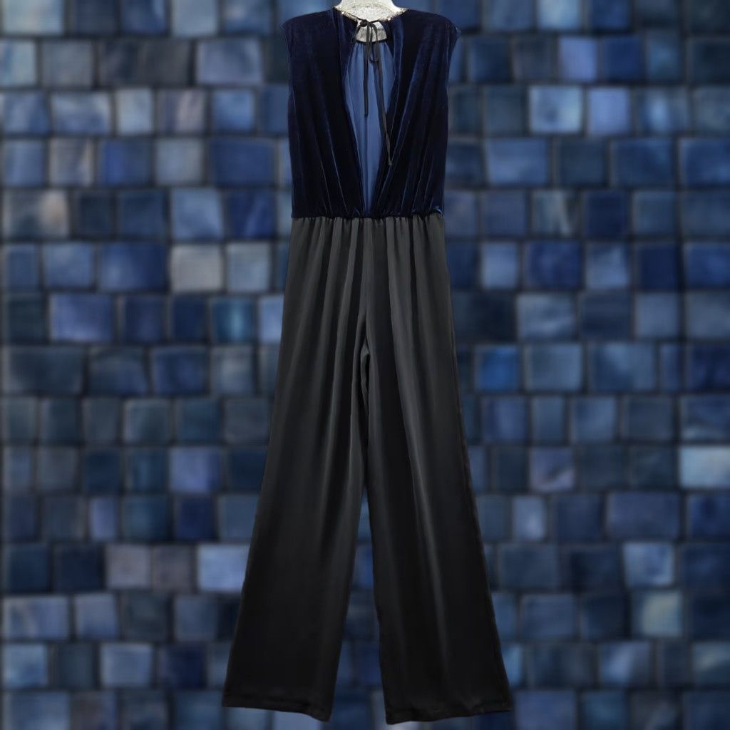 Zara Zara Womens Jumpsuit Velvet Chiffon Open Back Blue XS Cap Sleeve Party Elegant Beaded City Size 26" / US 2 / IT 38 - 1 Thumbnail