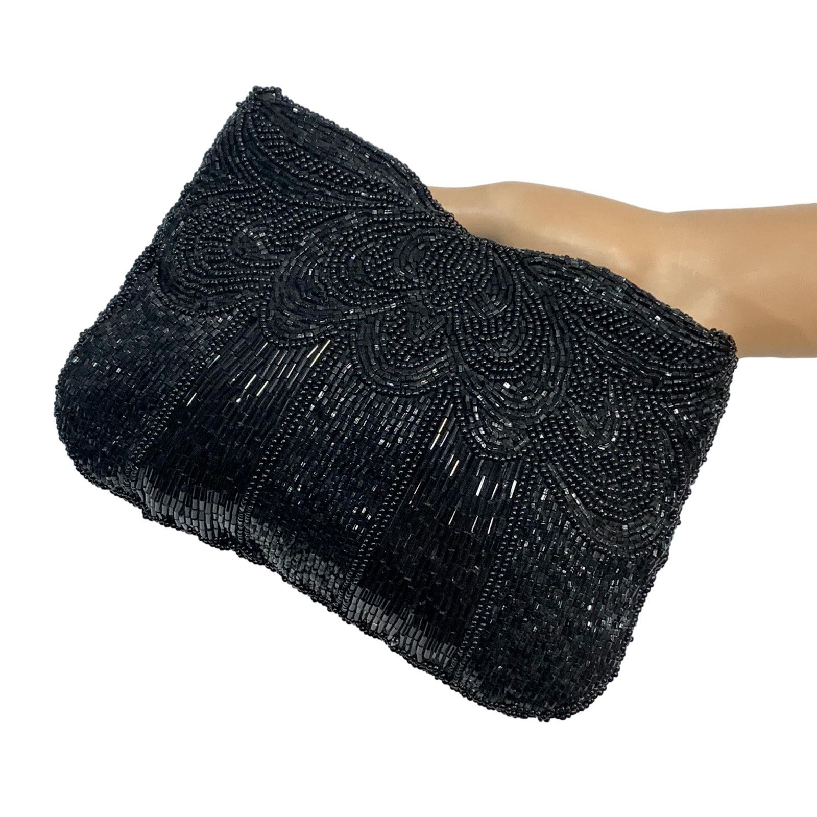 Vintage 80s does 40s Black Beaded Silk Evening Bag | Small Clutch Size ONE SIZE - 1 Thumbnail
