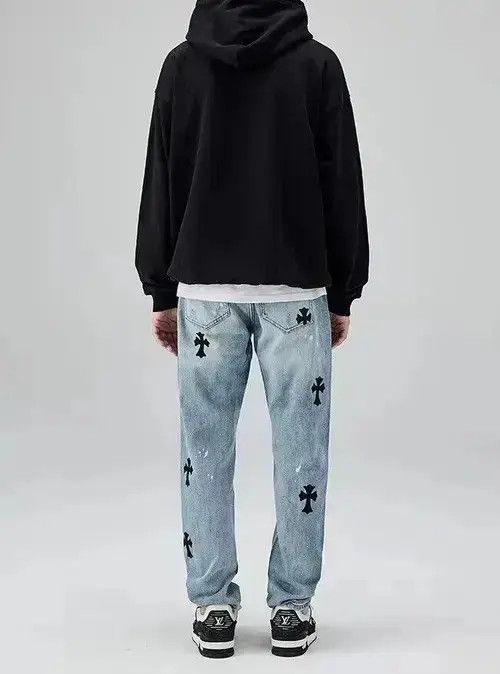 Japanese Brand High Street Washed Distressed Cross Print Straight Leg Jeans Size US 32 / EU 48 - 4 Thumbnail