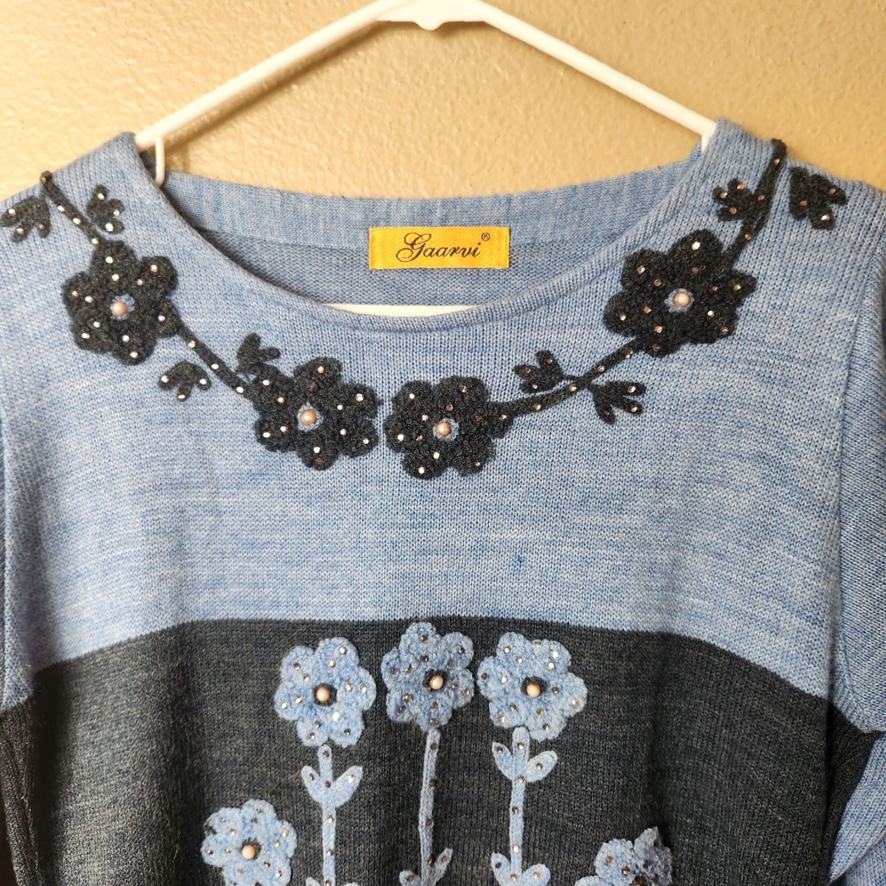 Vintage VINTAGE Flowers Gaarvi Blue/Gray Stripe Floral Long Sleeve Wool Blend Midi Dress-Size M Shirt Womens Size M / US 6-8 / IT 42-44 - 6 Thumbnail