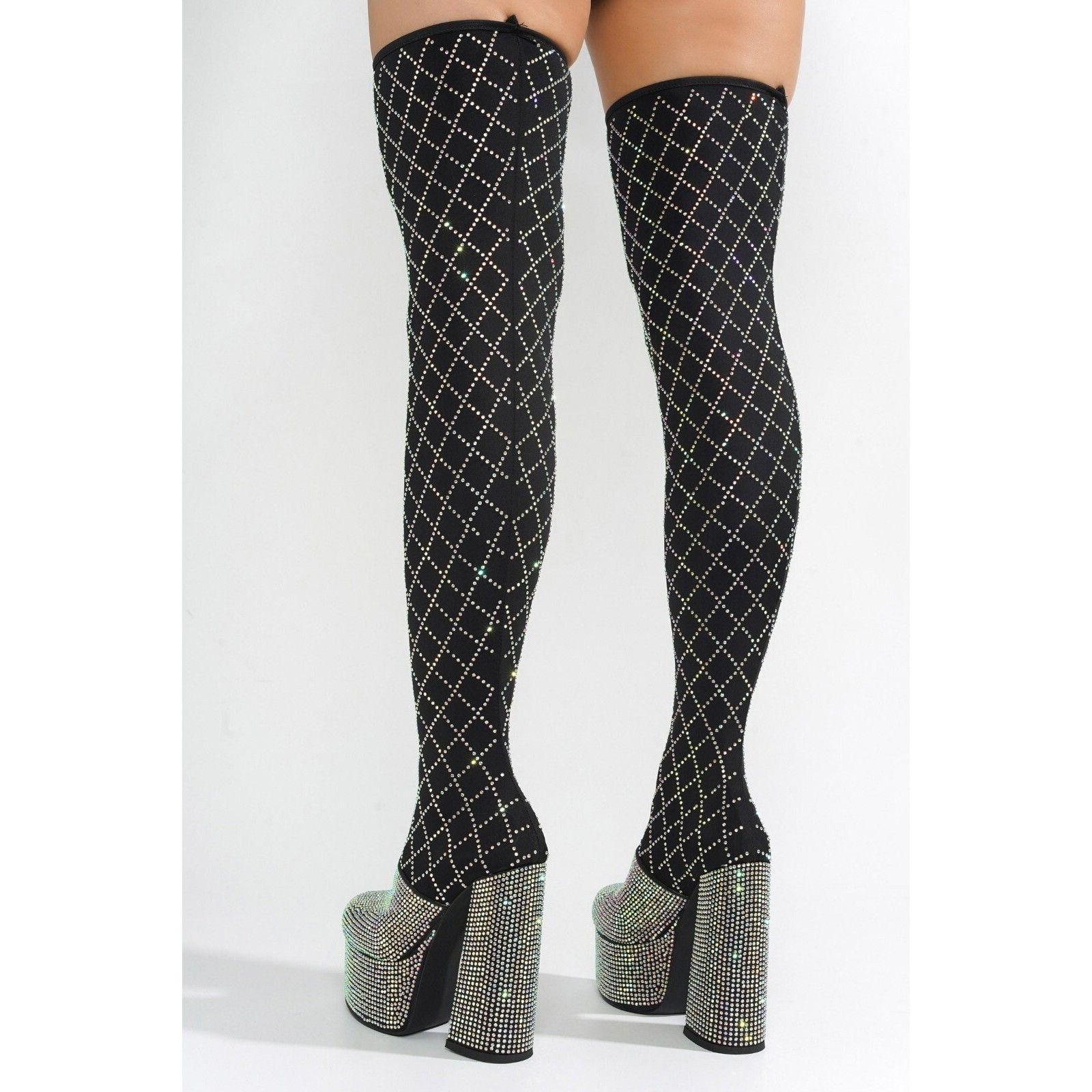 Other Diamonds Black Silver Rhinestone Stretch Thigh High Chunky H Size US 7 / IT 37 - 3 Thumbnail