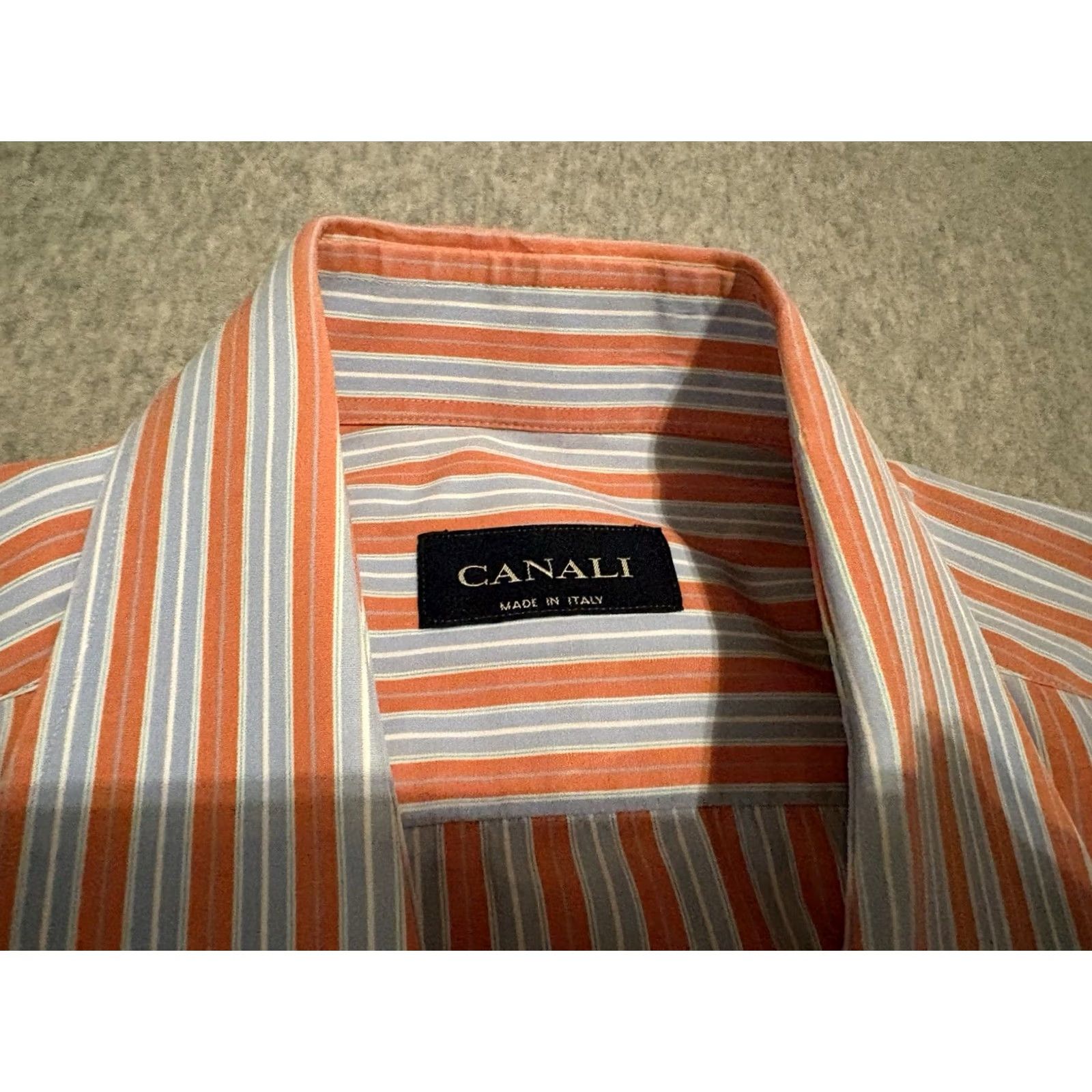 Canali Canali Long Sleeve Dress Shirt Orange Blue Mens 42 16.5 Striped Cotton Button Collar Italy Regular Men Size 42R - 2 Thumbnail