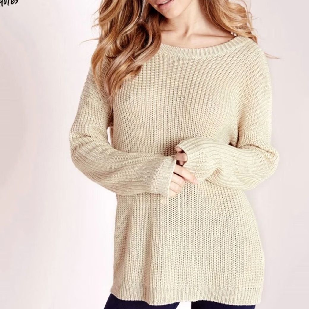 Vintage Beige Lace Up Back Ribbed Knitted Sweater Women M O Neck Scoop Neck Drop Shoulder Pullover Long Sleeve 100%Acrylic VINTAGE? Size M / US 6-8 / IT 42-44 - 6 Thumbnail