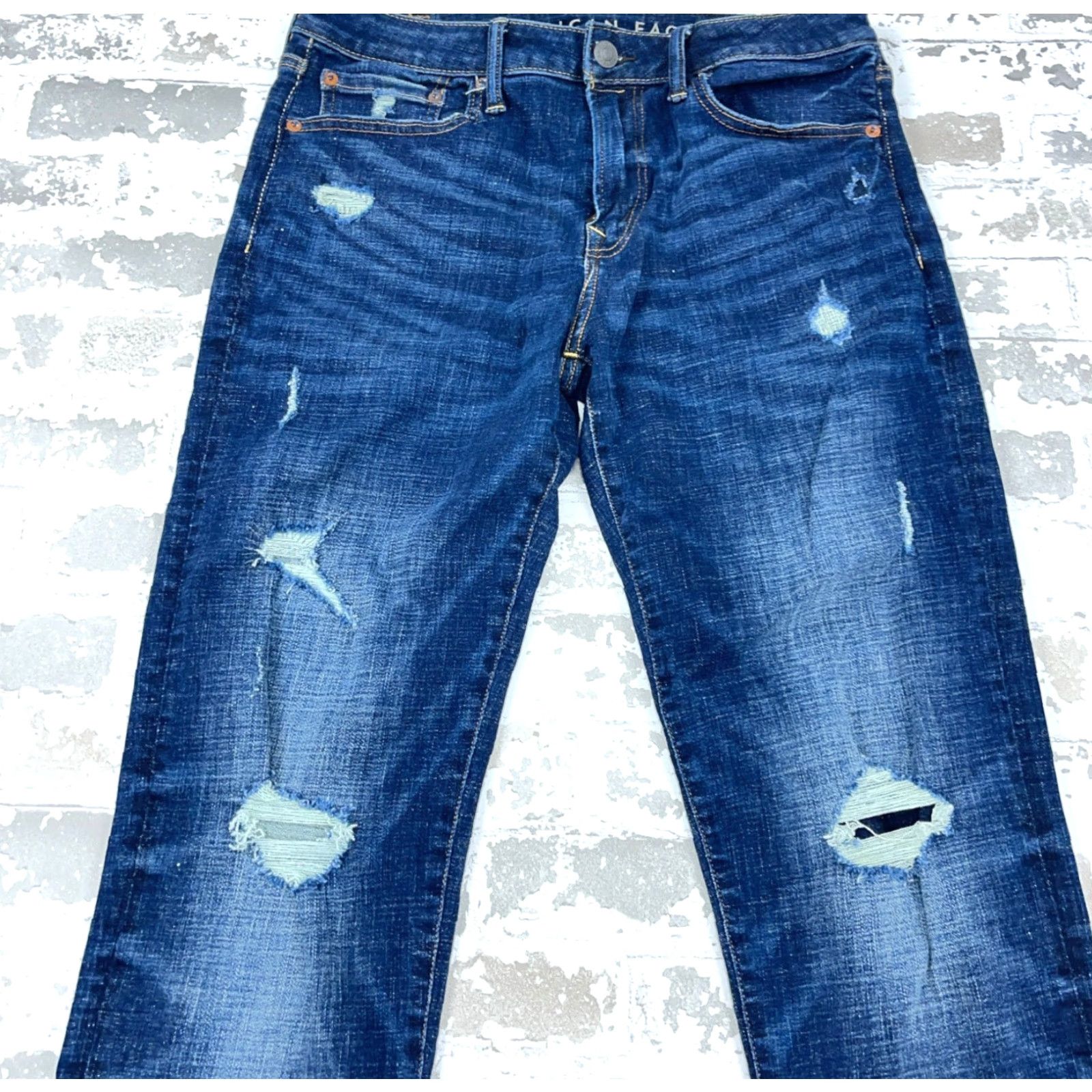 American Eagle Outfitters American Eagle Jeans Men 30x34 Athletic Skinny Dark Wash Whiskered Denim Cotton 5-Pocket Zipper Button Logo Flattering Fit Mens Size US 30 / EU 46 - 4 Thumbnail