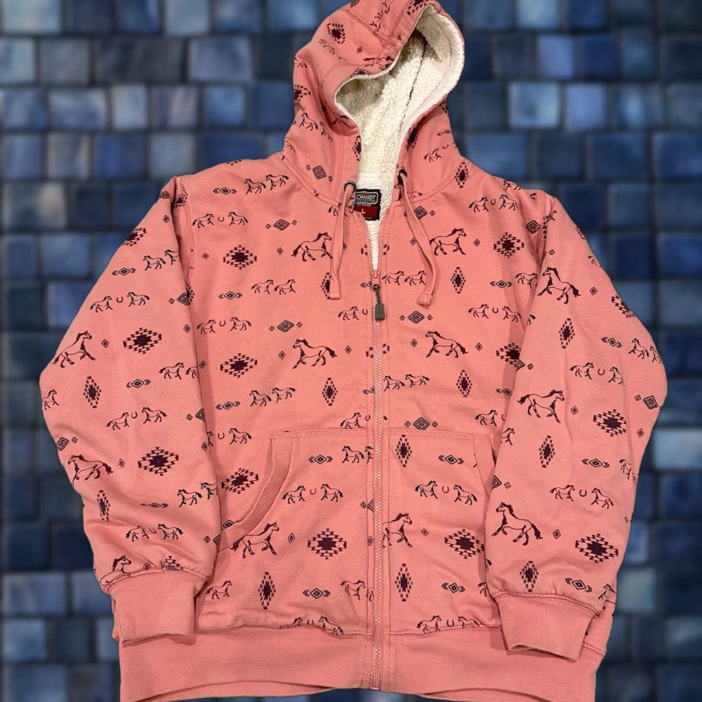 Pinko C.E. Schmidt Womens Jacket Pink Horse Zip Up Hooded Sherpa Lined Short Sleeve Long Sleeve Jacket Womens Large Regular Fit Vintage? No. Size L / US 10 / IT 46 - 1 Thumbnail