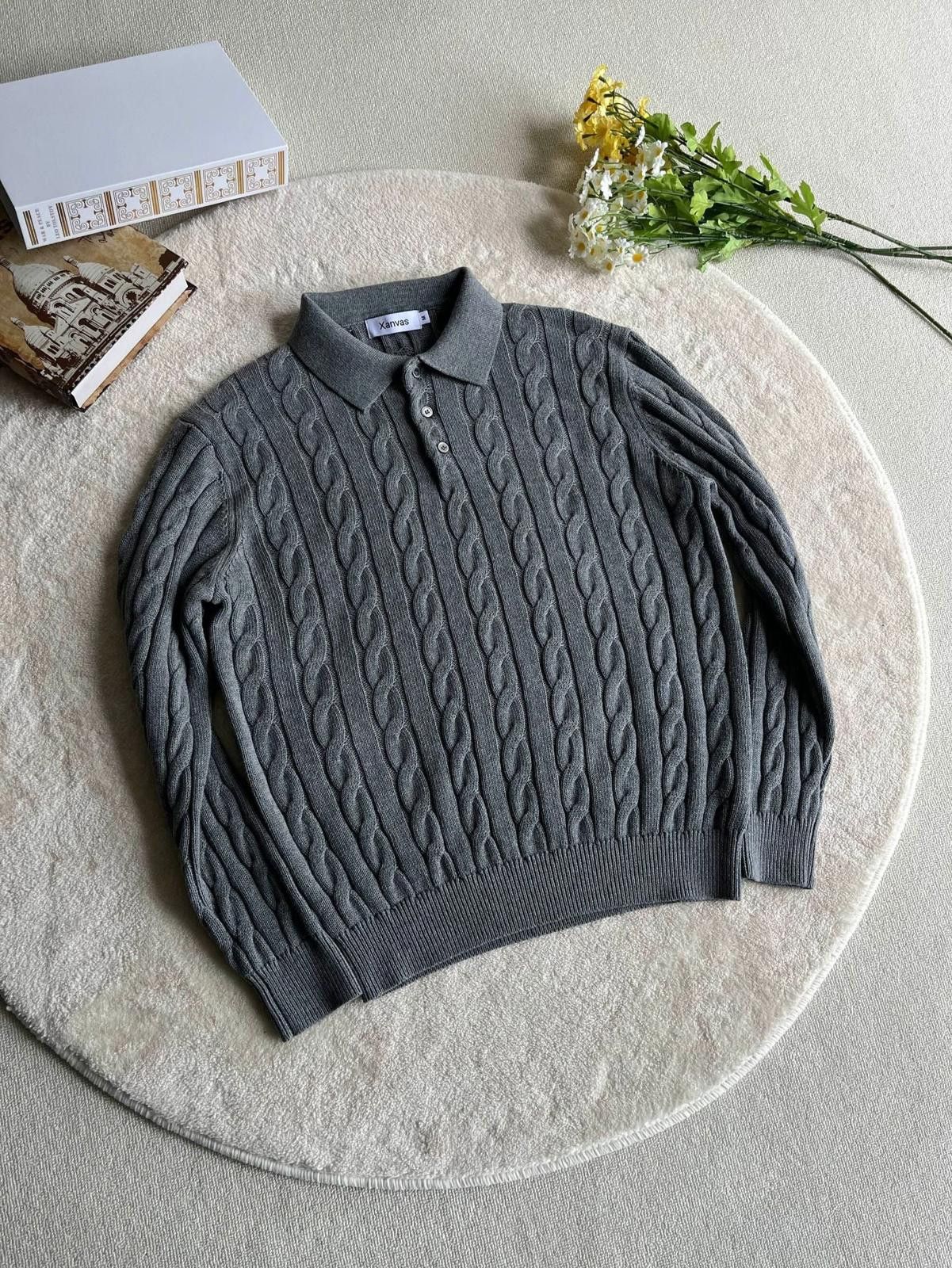 Vintage Cable Knit Polo Sweater for Men, Classic Fit Sweater Size US L / EU 52-54 / 3 - 3 Thumbnail