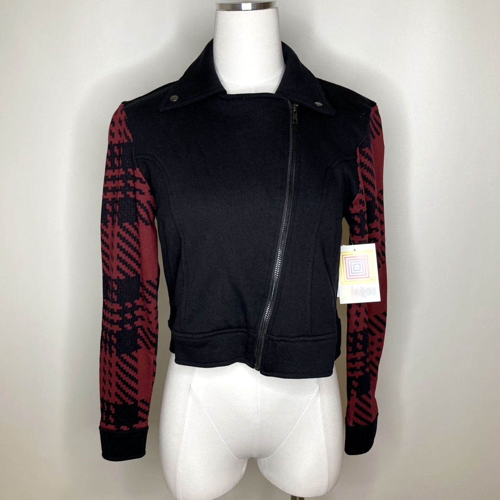 Vintage LuLaRoe Presley Moto Jacket Sz Small Dark Red & Black Houndstooth - Women's Denim? (Note: Original must be used) Size S / US 4 / IT 40 - 2 Thumbnail