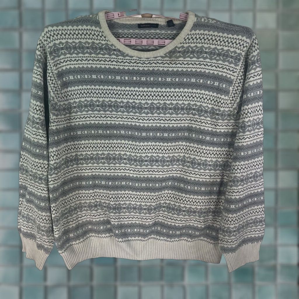 Van Heusen VINTAGE Van Heusen Sweater Geometric Knit Crew Neck 2XL Men Gray Cotton Bohemian Mens Size US XXL / EU 58 / 5 - 1 Thumbnail