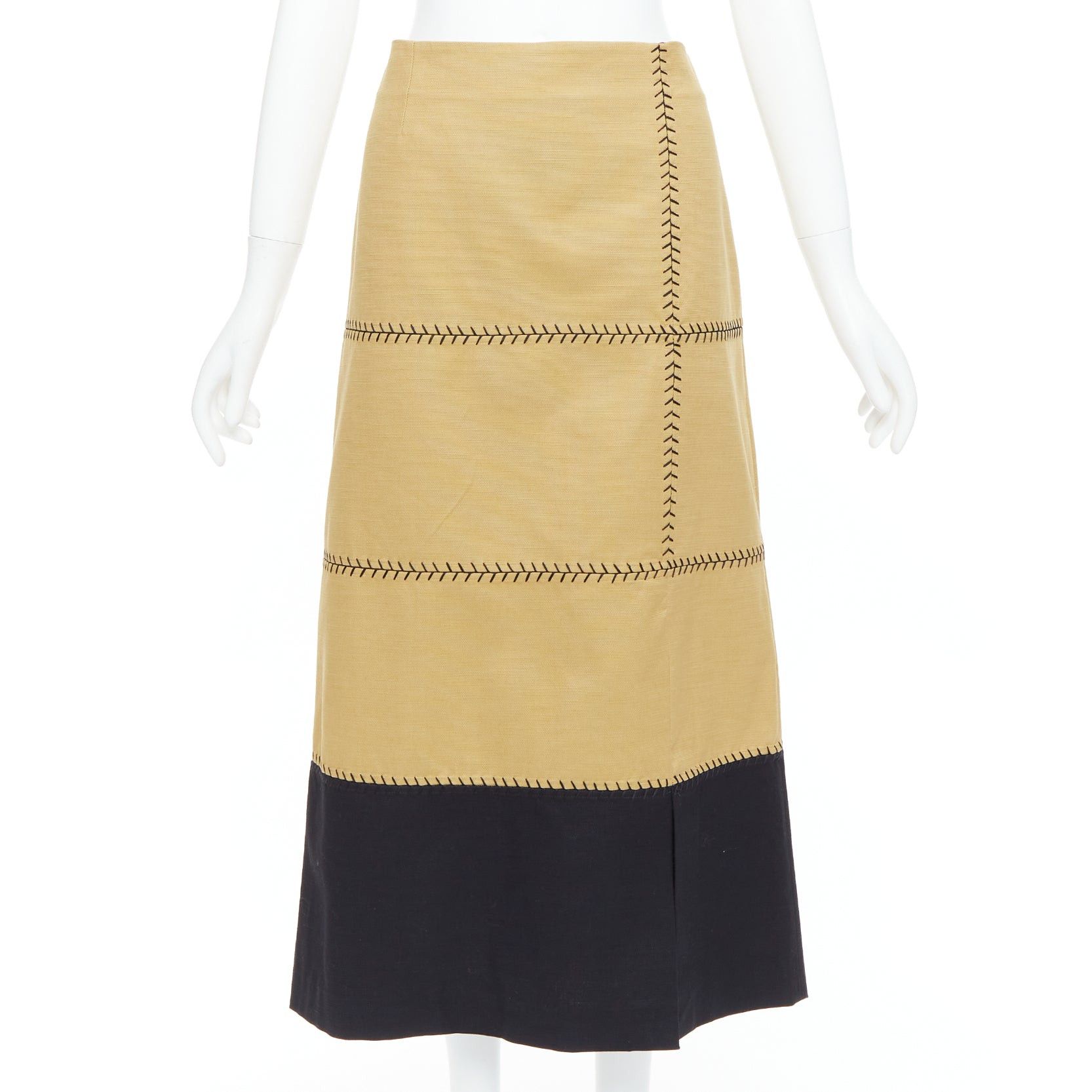 Gabriela Hearst GABRIELA HEARST Lyssa tan cotton black whipstitch design midi skirt IT44 L Size 30" / US 8 / IT 44 - 1 Thumbnail
