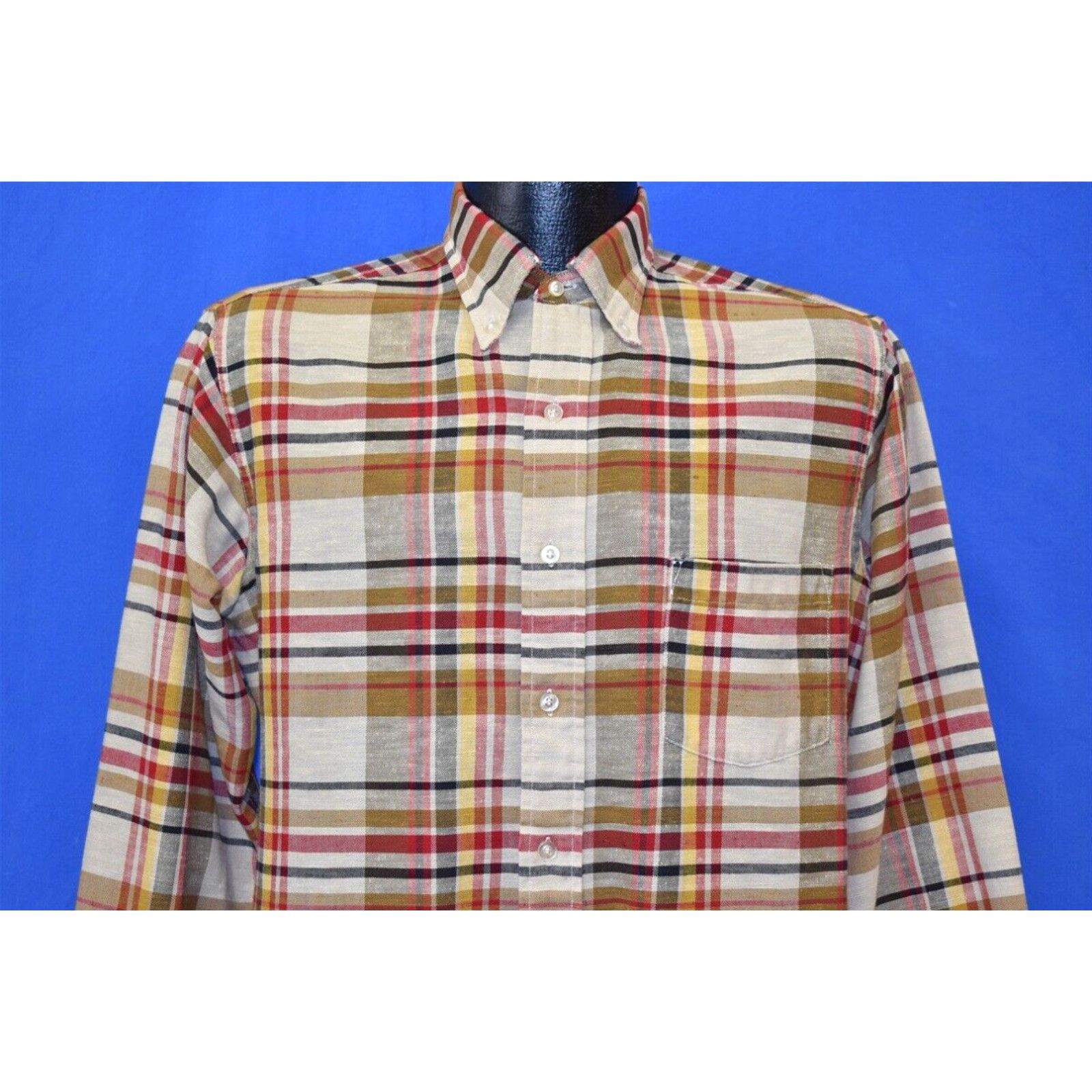 image of Vintage 70's Van Heusen V Taper All Cotton Plaid Button Front Beef Brawn Shirt M in White (Size Med