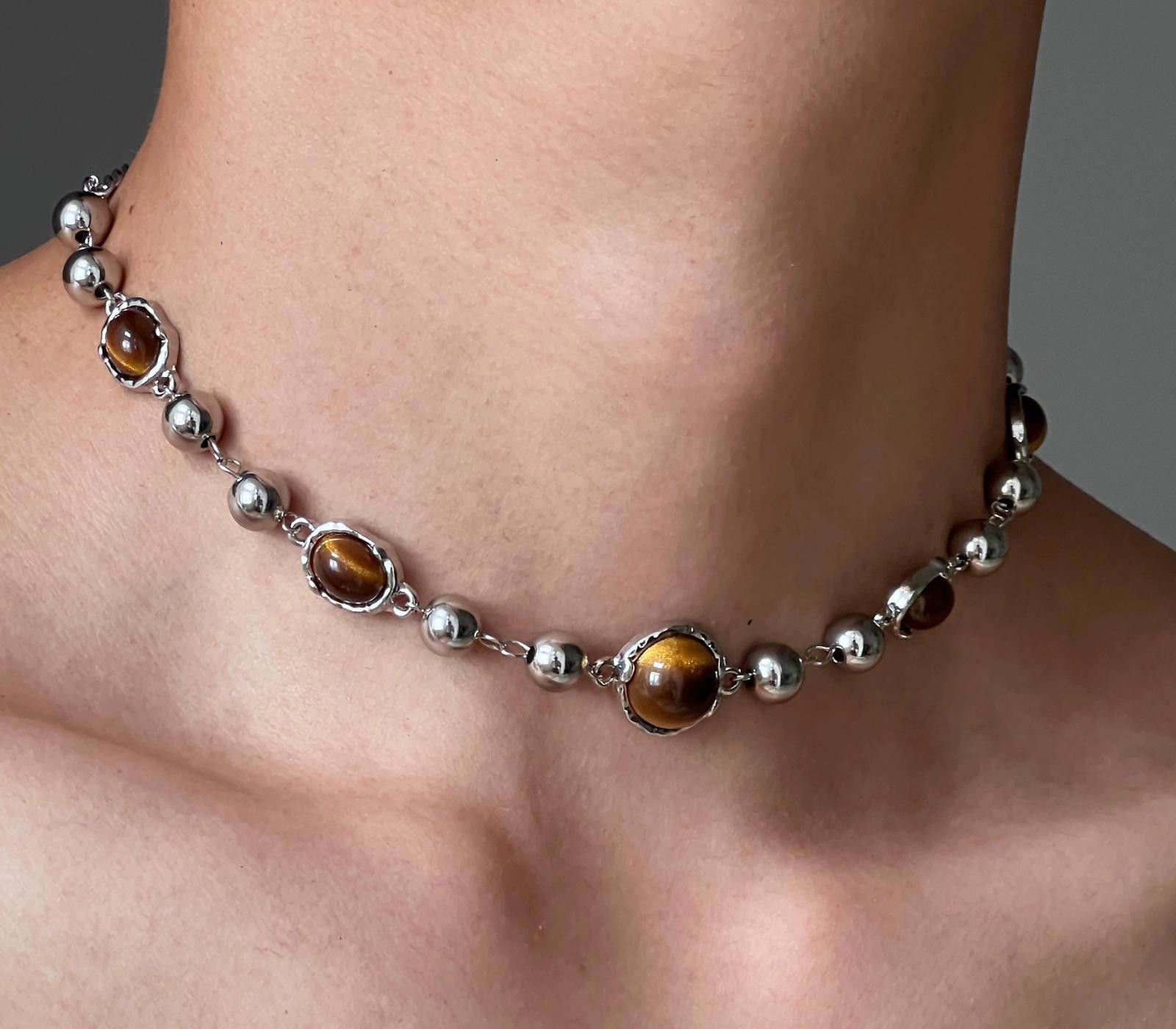 Vintage Silver Brown Beaded Choker Necklace, Tiger Eye Stone Size ONE SIZE - 1 Thumbnail